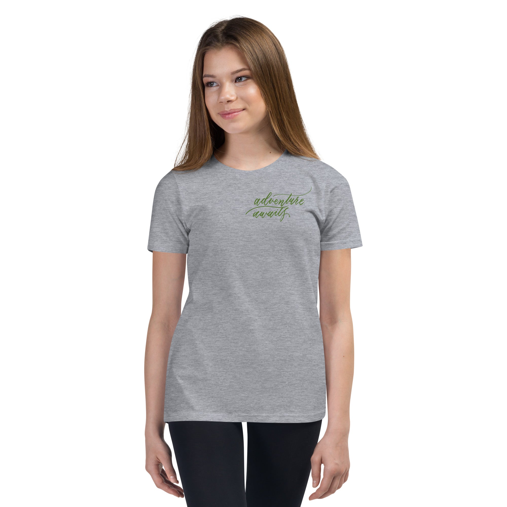 YOUTH SIZES - Script "Adventure Awaits" Green Calligraphy Printed Kids Short Sleeve T-Shirt
