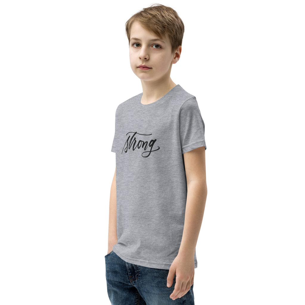 YOUTH SIZES - Black Script "Strong" Calligraphy Printed on Kids' 100% Cotton T-Shirt (Youth Sizes)
