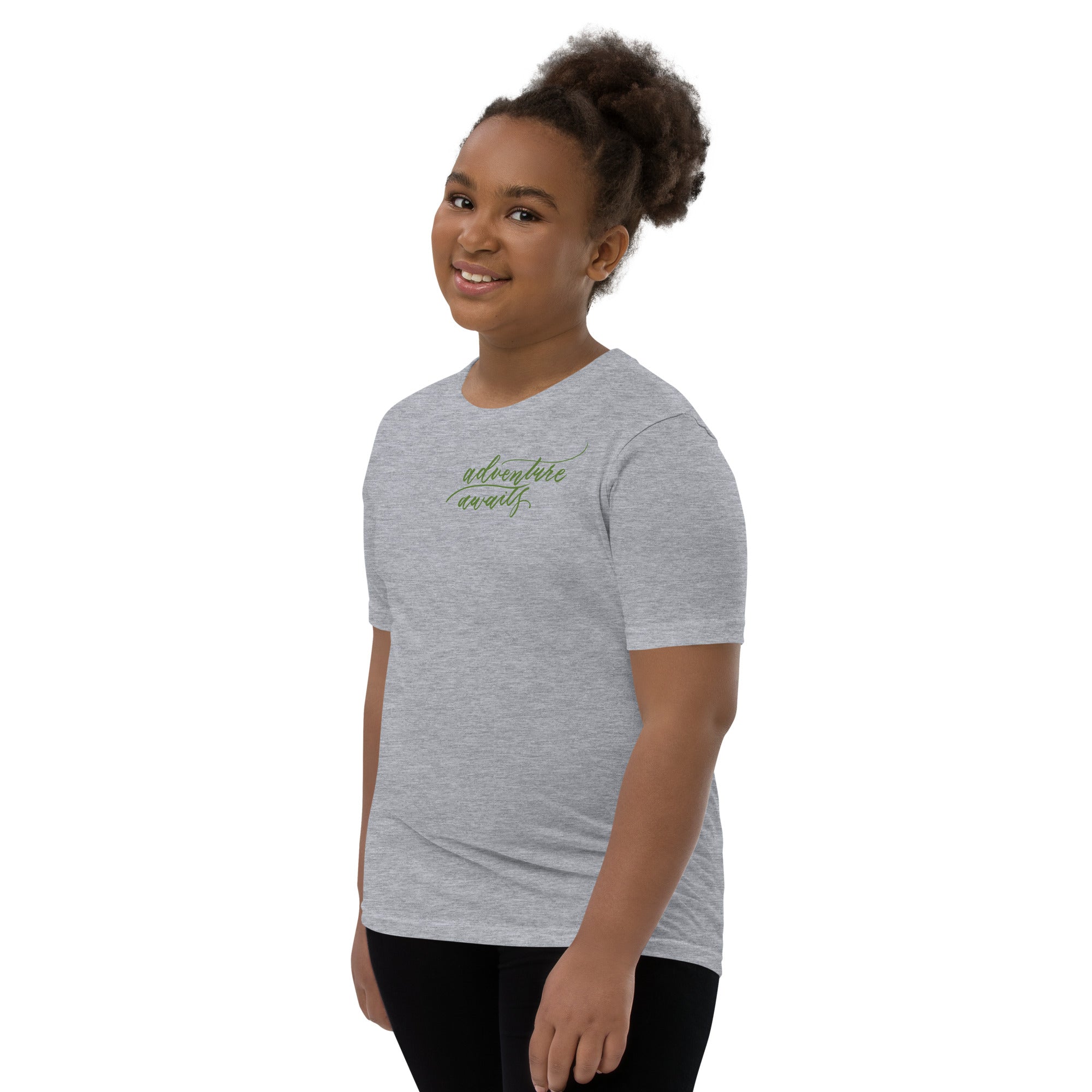 YOUTH SIZES - Script "Adventure Awaits" Green Calligraphy Printed Kids Short Sleeve T-Shirt