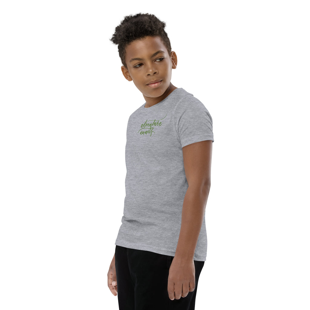 YOUTH SIZES - Script "Adventure Awaits" Green Calligraphy Printed Kids Short Sleeve T-Shirt