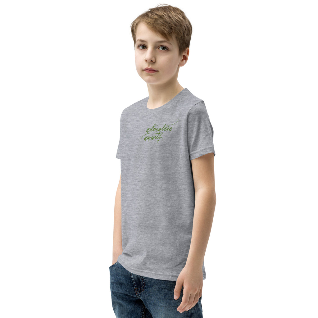 YOUTH SIZES - Script "Adventure Awaits" Green Calligraphy Printed Kids Short Sleeve T-Shirt