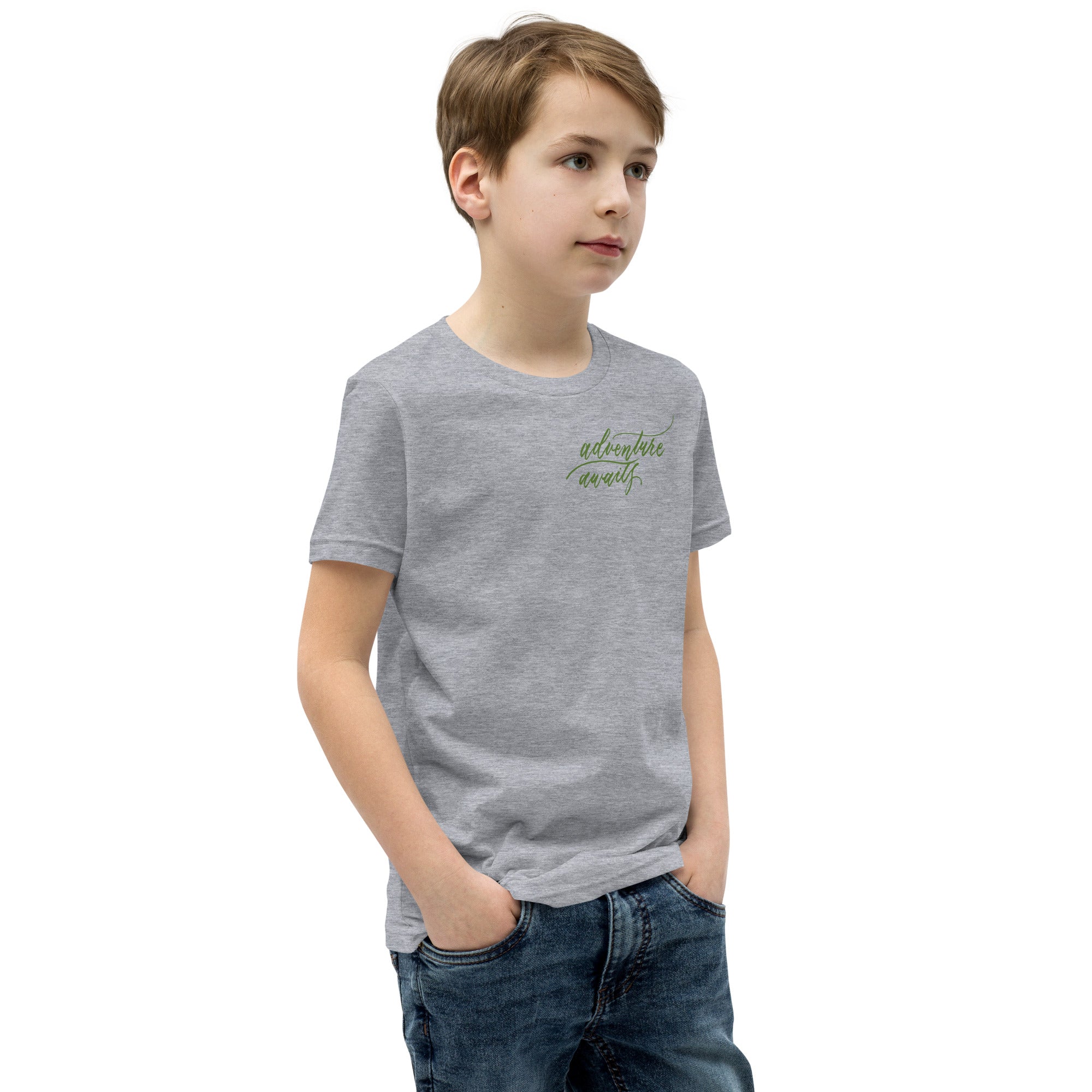 YOUTH SIZES - Script "Adventure Awaits" Green Calligraphy Printed Kids Short Sleeve T-Shirt