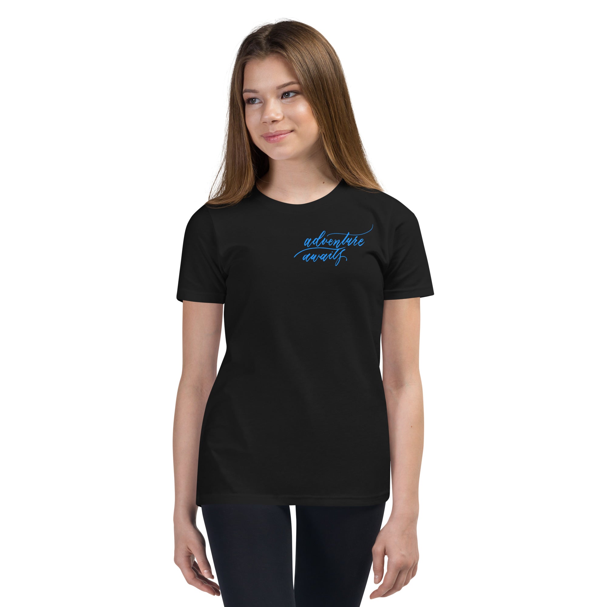 YOUTH SIZES - Script "Adventure Awaits" Bright Blue Calligraphy Printed Kids Short Sleeve T-Shirt