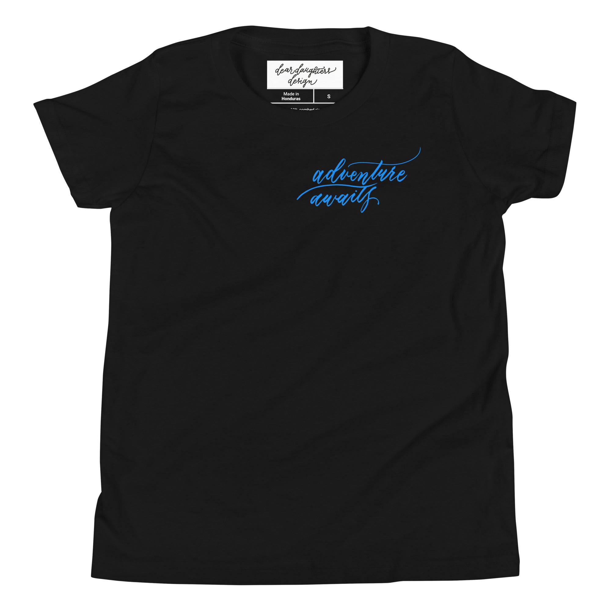 YOUTH SIZES - Script "Adventure Awaits" Bright Blue Calligraphy Printed Kids Short Sleeve T-Shirt