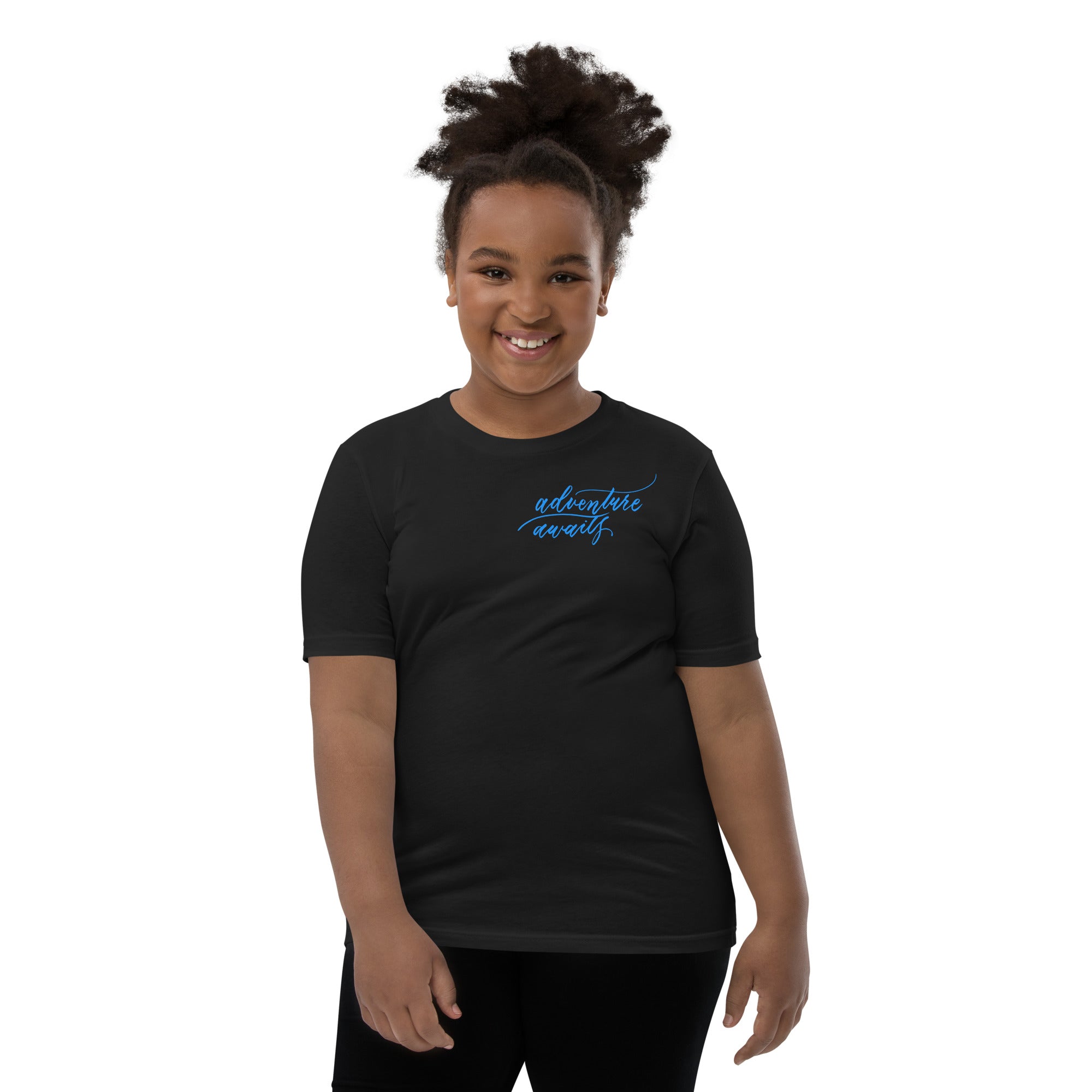 YOUTH SIZES - Script "Adventure Awaits" Bright Blue Calligraphy Printed Kids Short Sleeve T-Shirt
