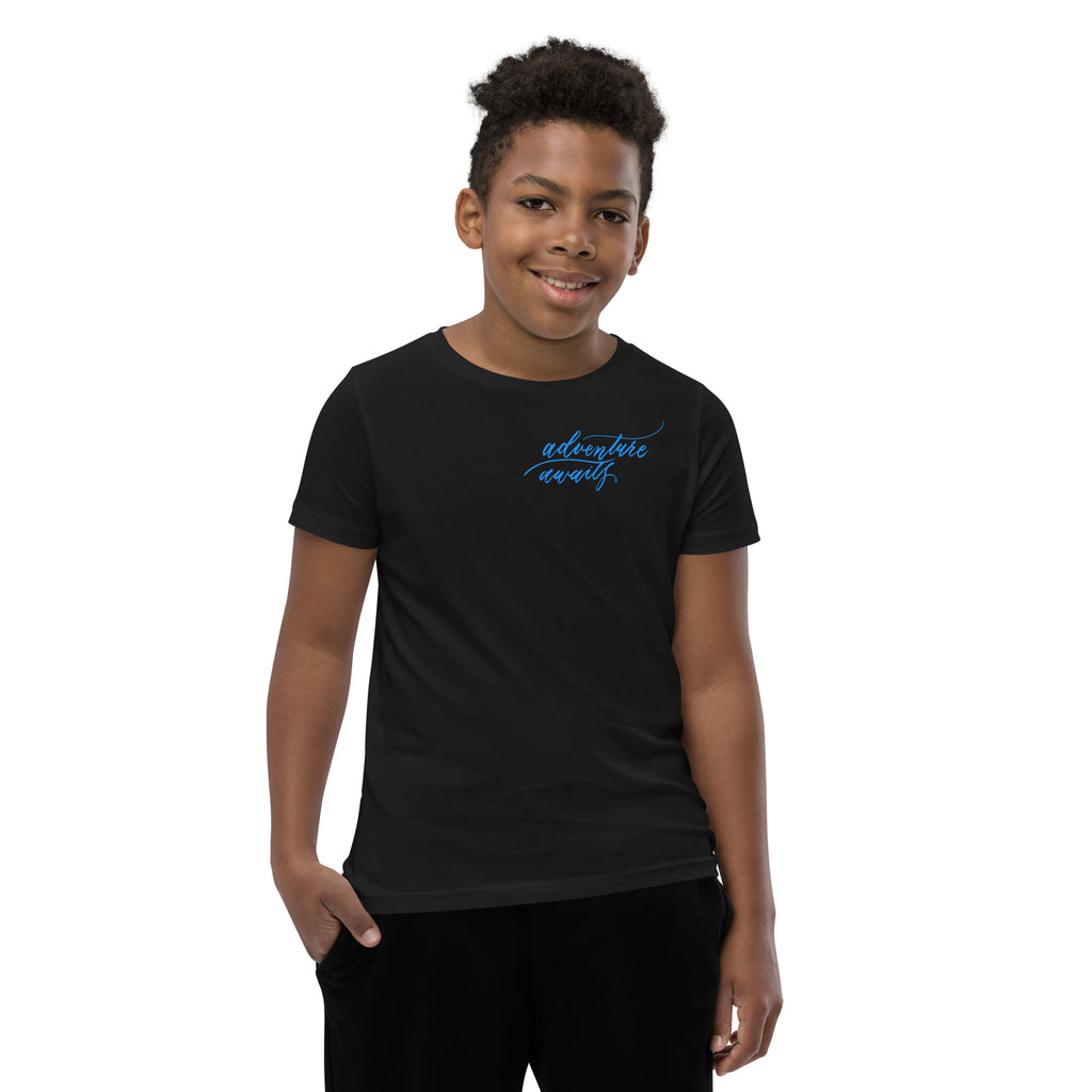 YOUTH SIZES - Script "Adventure Awaits" Bright Blue Calligraphy Printed Kids Short Sleeve T-Shirt