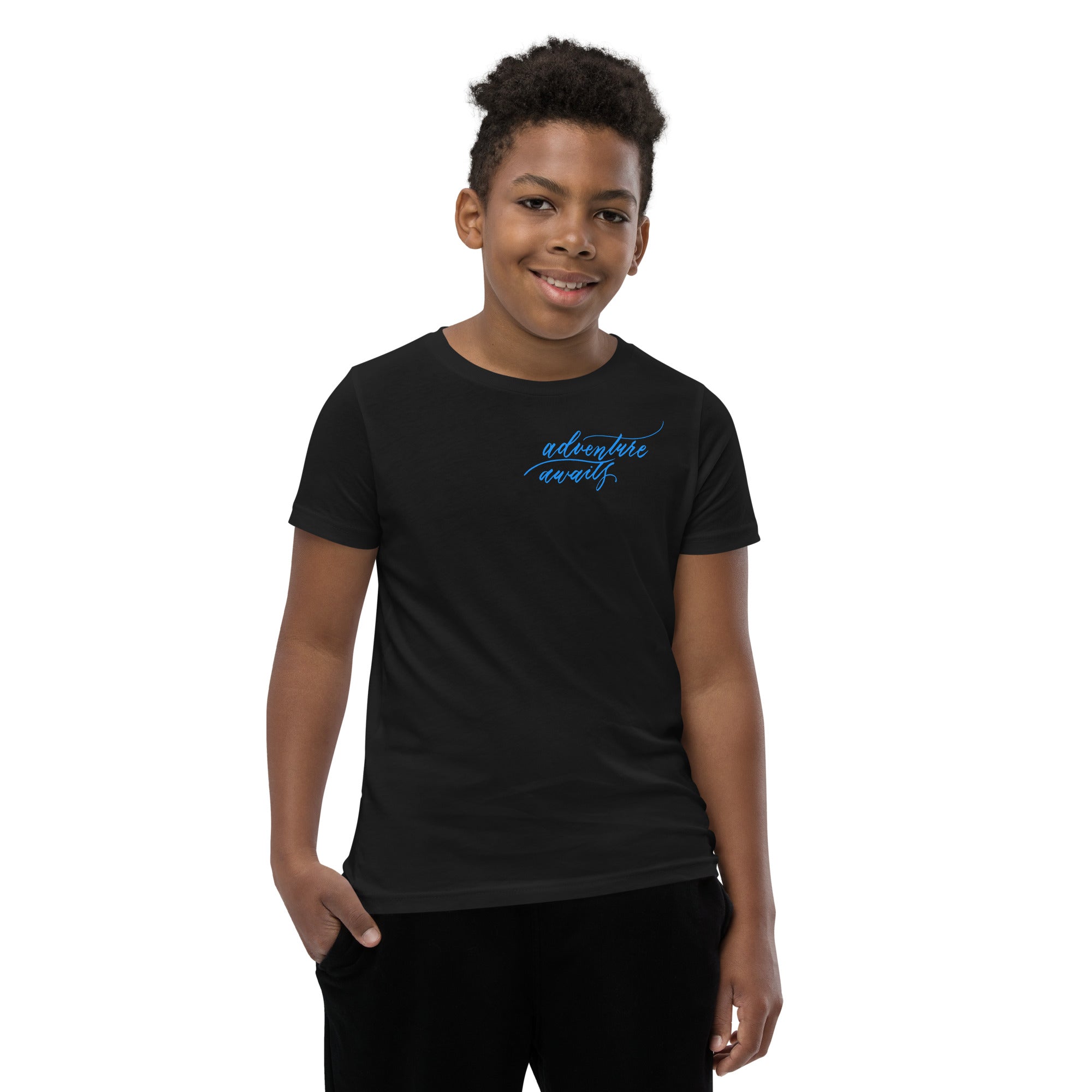 YOUTH SIZES - Script "Adventure Awaits" Bright Blue Calligraphy Printed Kids Short Sleeve T-Shirt
