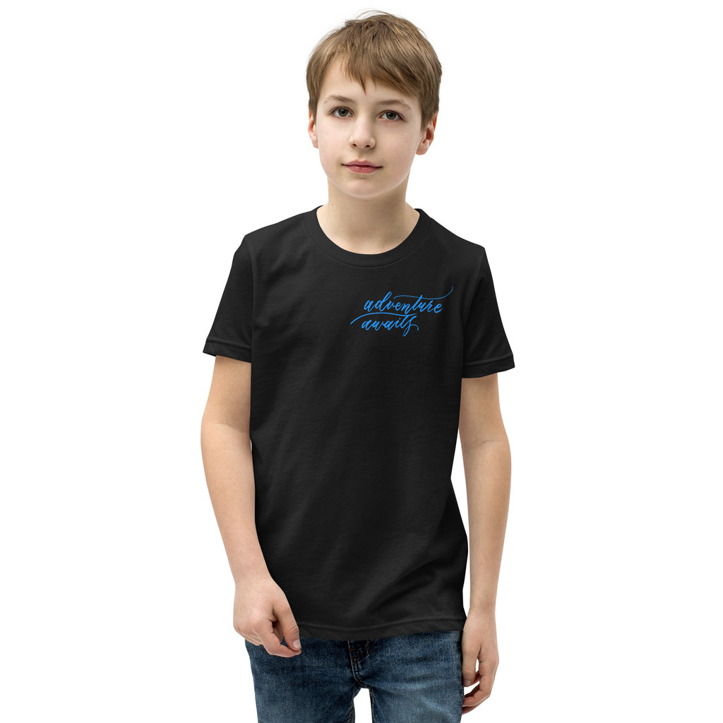 YOUTH SIZES - Script "Adventure Awaits" Bright Blue Calligraphy Printed Kids Short Sleeve T-Shirt