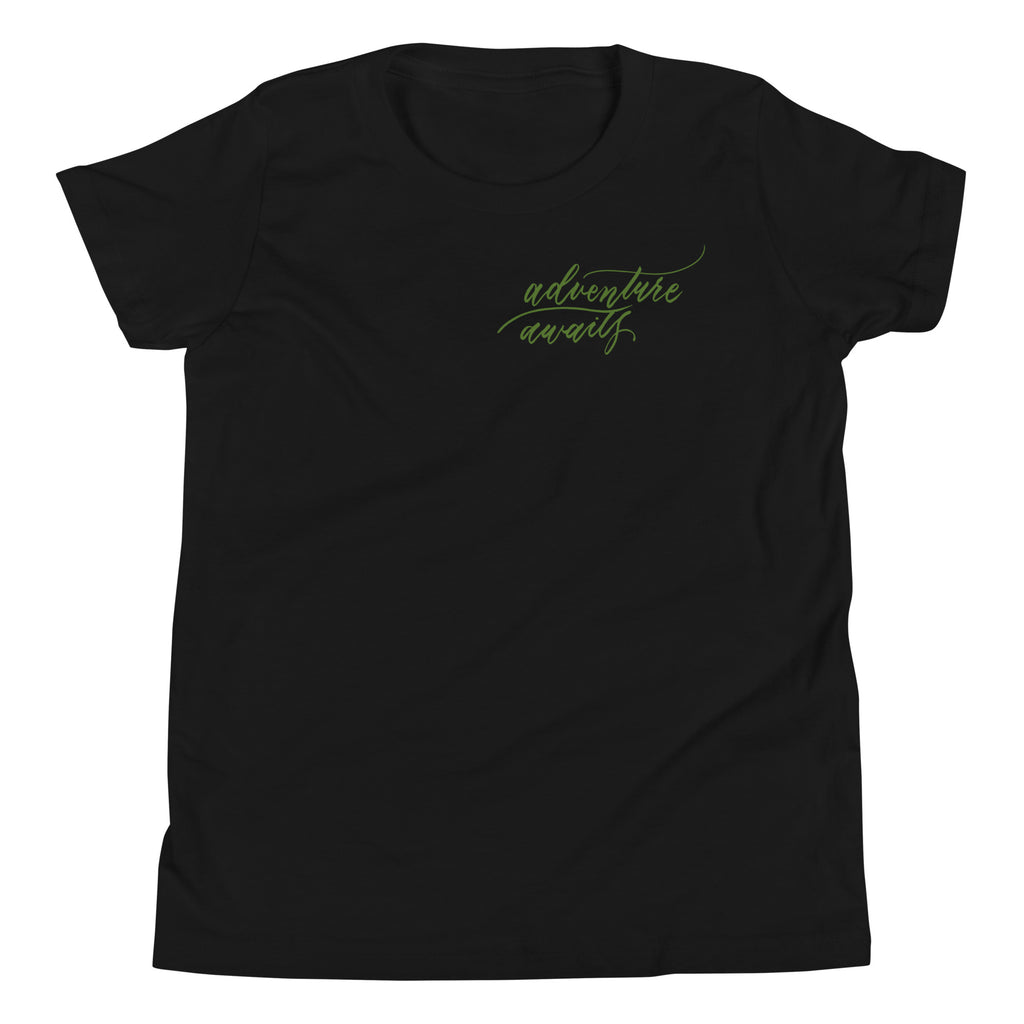 YOUTH SIZES - Script "Adventure Awaits" Green Calligraphy Printed Kids Short Sleeve T-Shirt