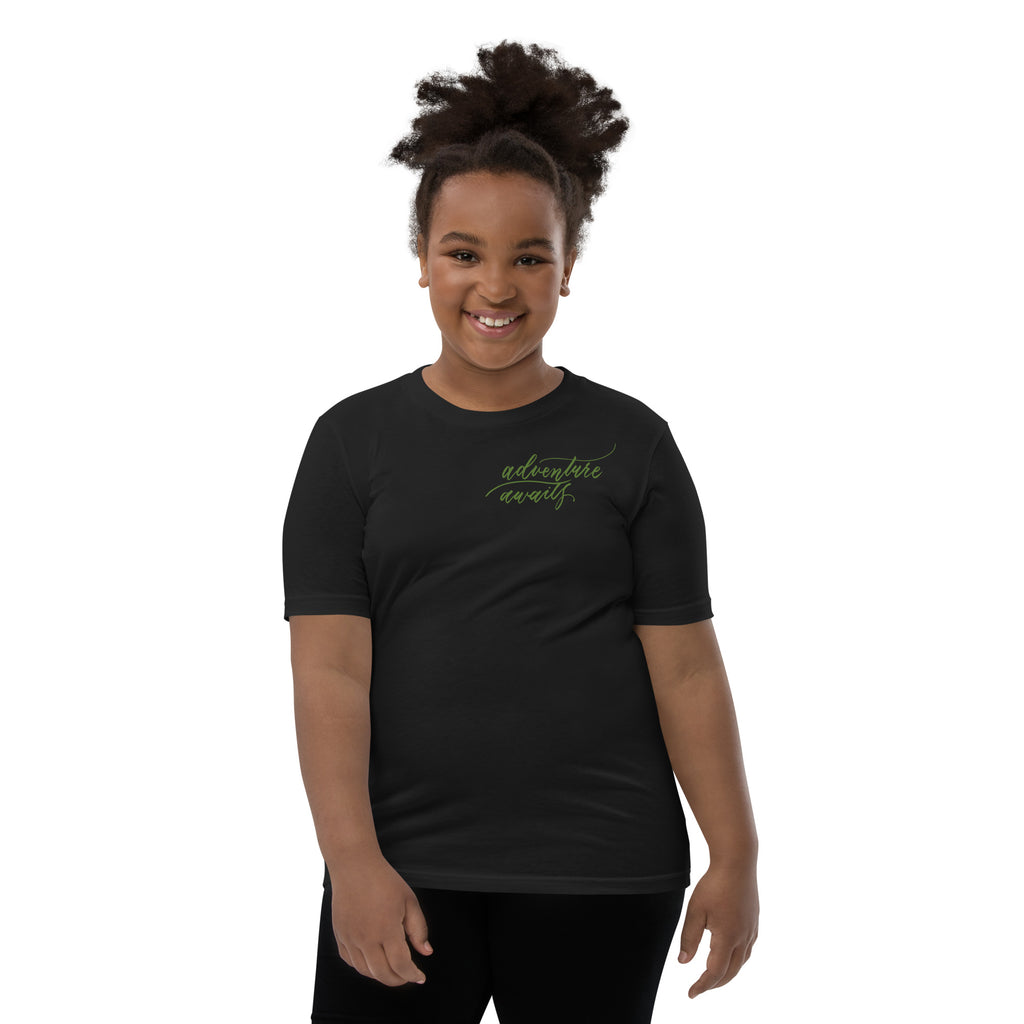 YOUTH SIZES - Script "Adventure Awaits" Green Calligraphy Printed Kids Short Sleeve T-Shirt