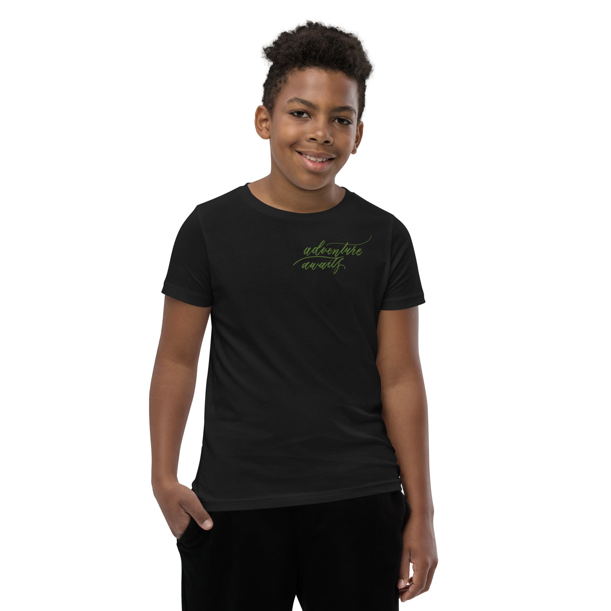 YOUTH SIZES - Script "Adventure Awaits" Green Calligraphy Printed Kids Short Sleeve T-Shirt