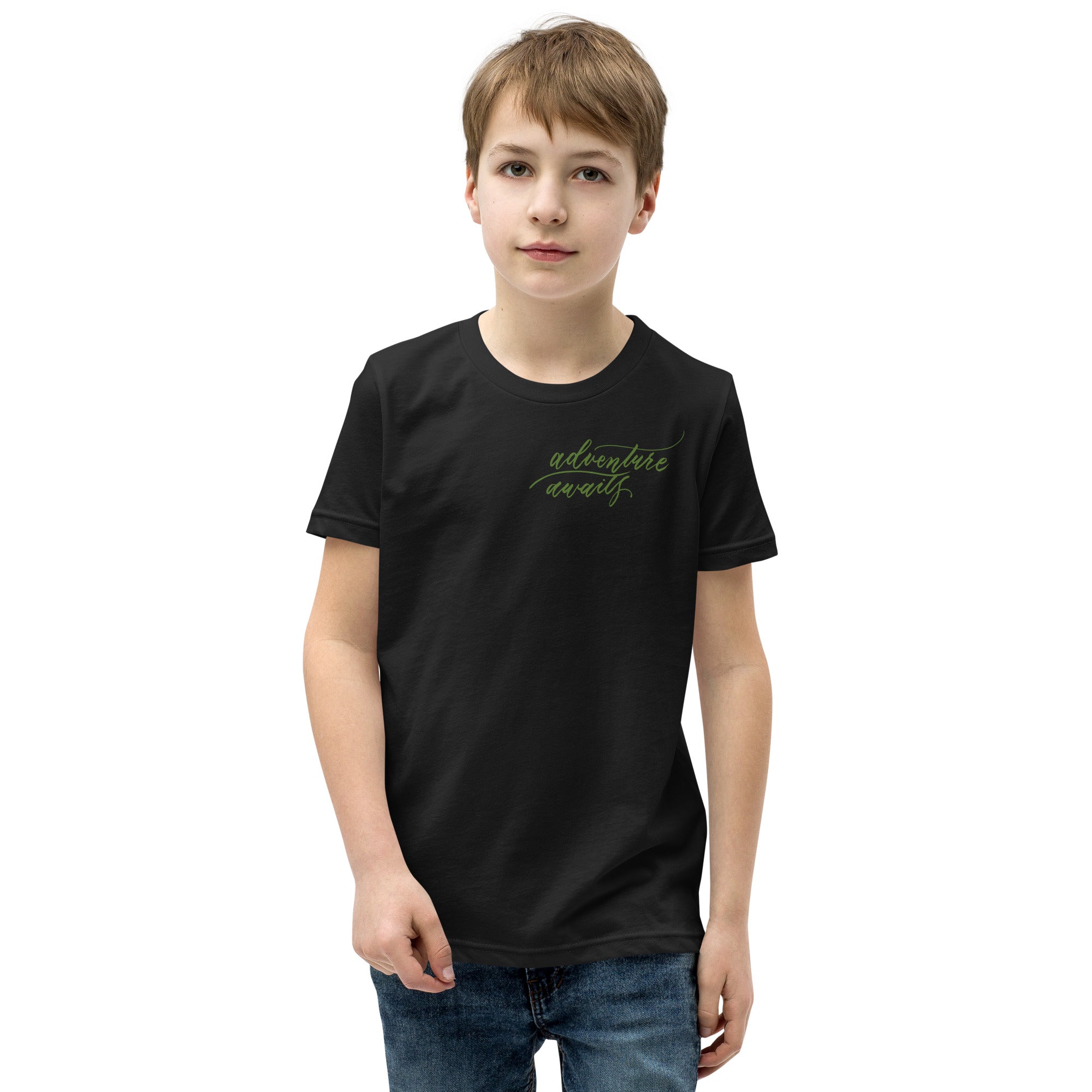 YOUTH SIZES - Script "Adventure Awaits" Green Calligraphy Printed Kids Short Sleeve T-Shirt