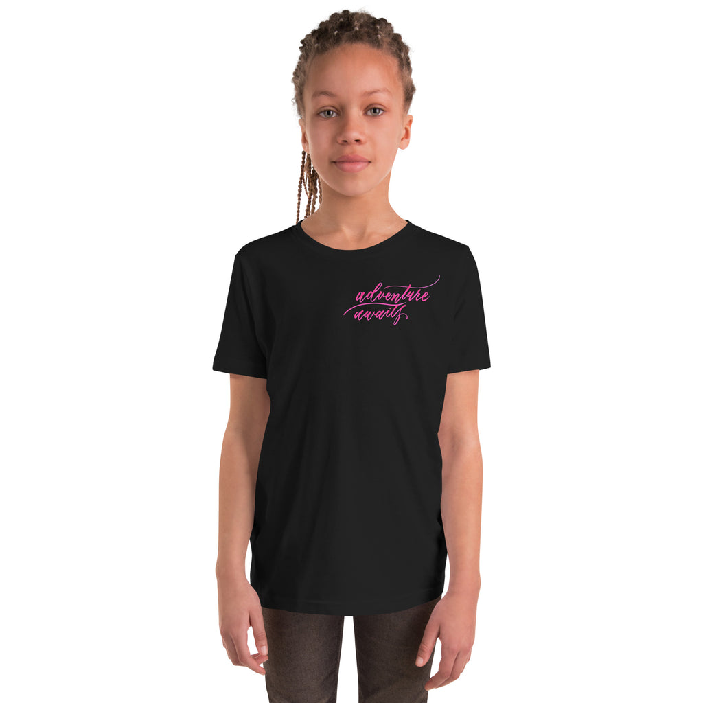 YOUTH SIZES - Script "Adventure Awaits" Pink Calligraphy Printed Kids Short Sleeve T-Shirt