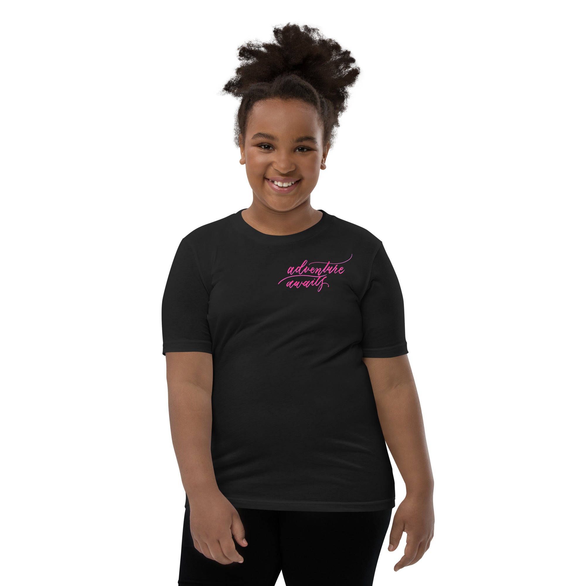 YOUTH SIZES - Script "Adventure Awaits" Pink Calligraphy Printed Kids Short Sleeve T-Shirt