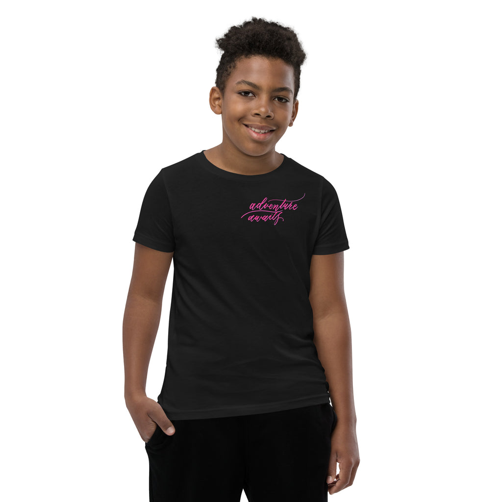 YOUTH SIZES - Script "Adventure Awaits" Pink Calligraphy Printed Kids Short Sleeve T-Shirt