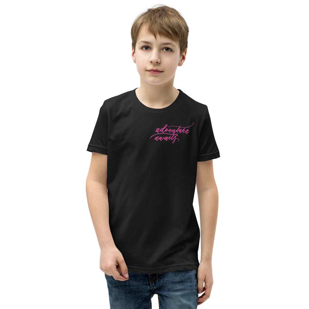 YOUTH SIZES - Script "Adventure Awaits" Pink Calligraphy Printed Kids Short Sleeve T-Shirt