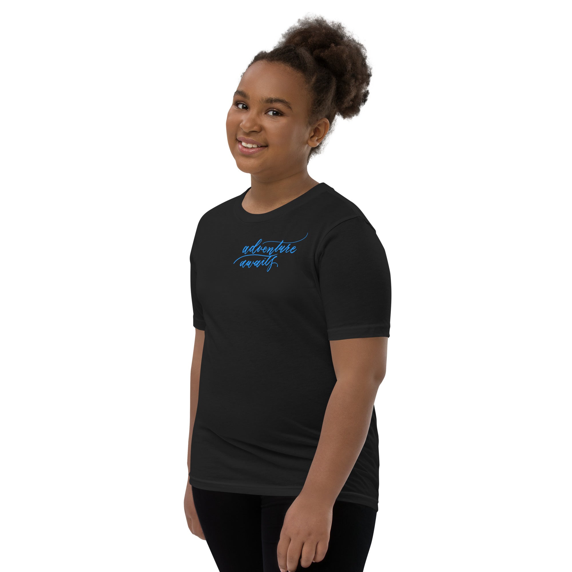 YOUTH SIZES - Script "Adventure Awaits" Bright Blue Calligraphy Printed Kids Short Sleeve T-Shirt