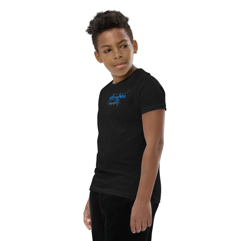 YOUTH SIZES - Script "Adventure Awaits" Bright Blue Calligraphy Printed Kids Short Sleeve T-Shirt