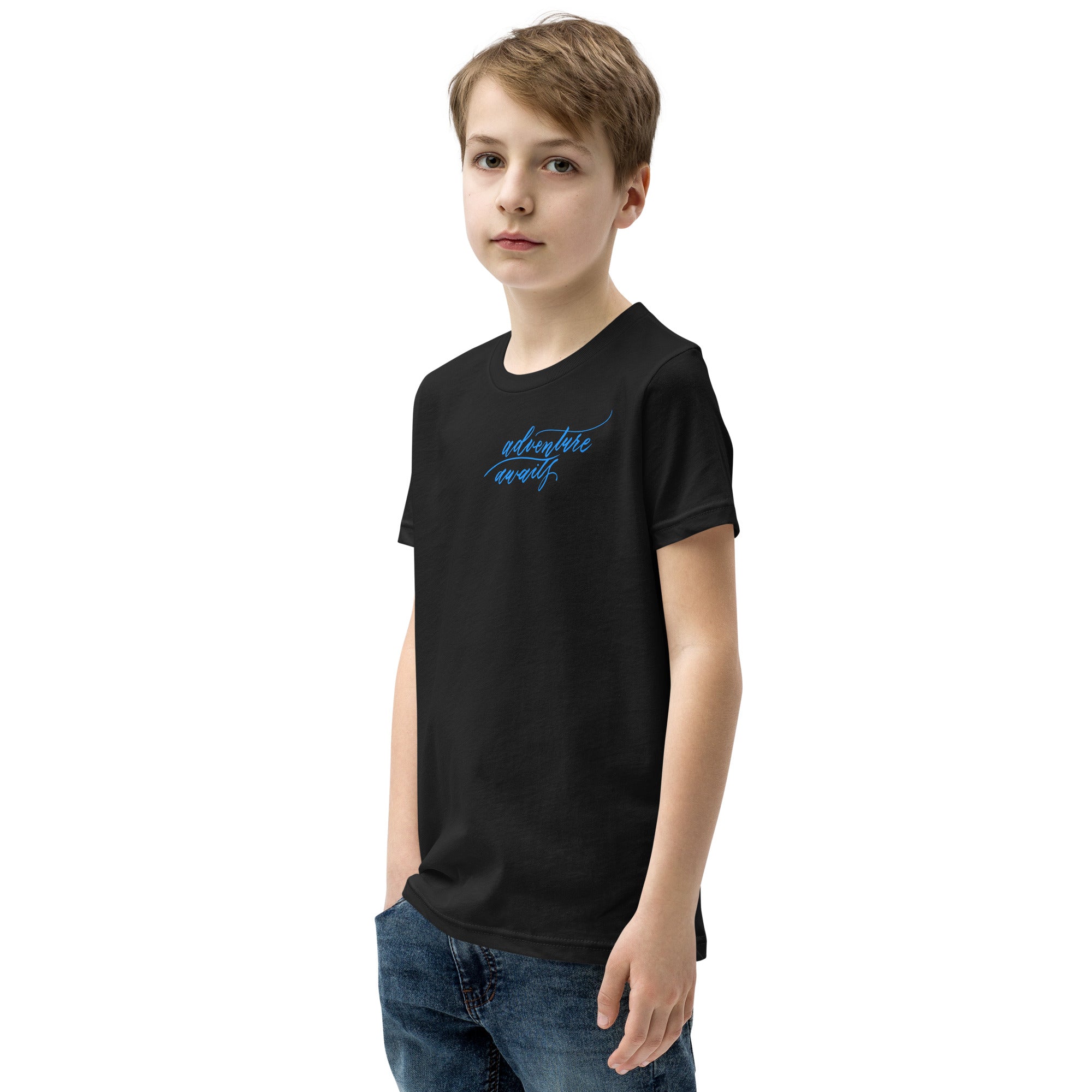 YOUTH SIZES - Script "Adventure Awaits" Bright Blue Calligraphy Printed Kids Short Sleeve T-Shirt