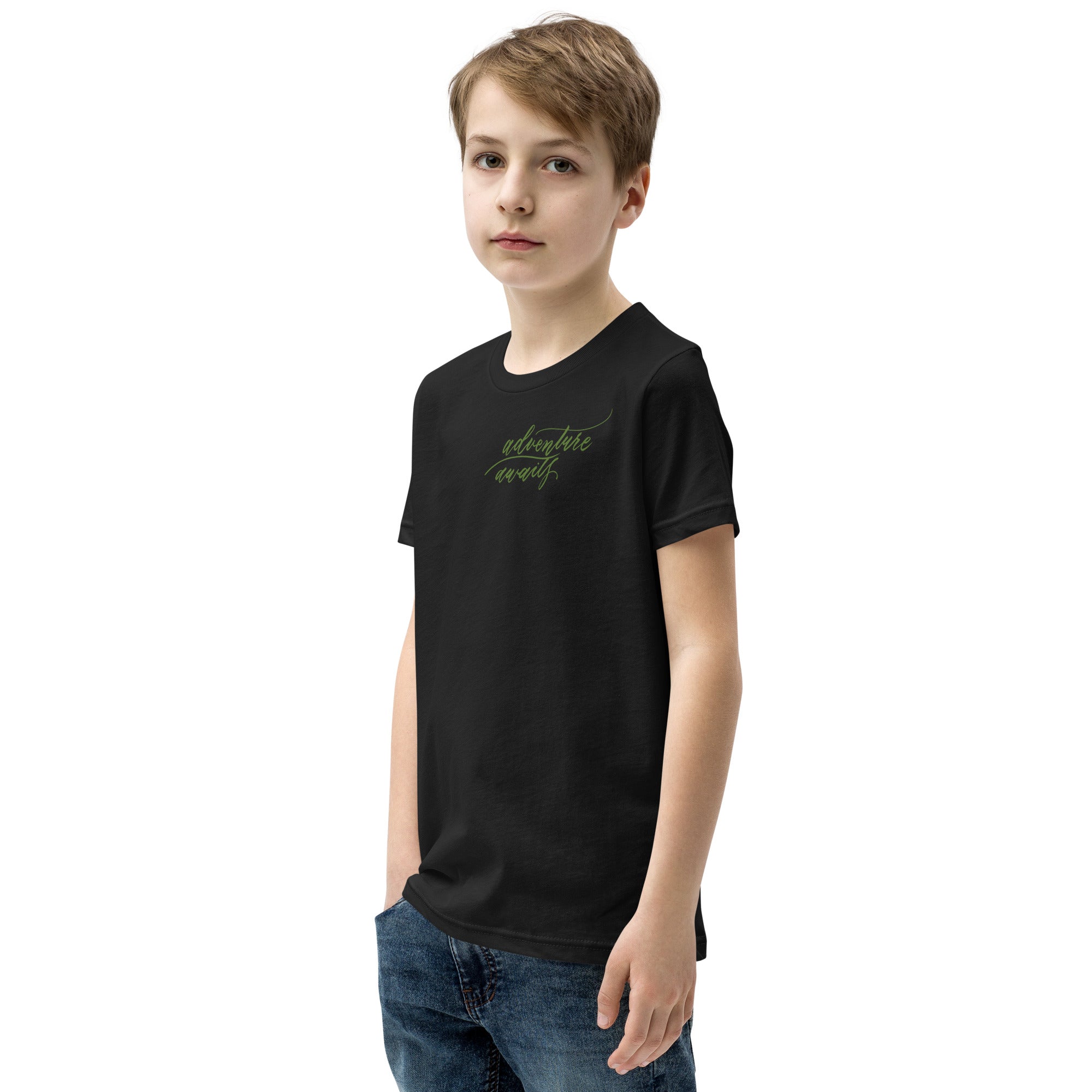 YOUTH SIZES - Script "Adventure Awaits" Green Calligraphy Printed Kids Short Sleeve T-Shirt