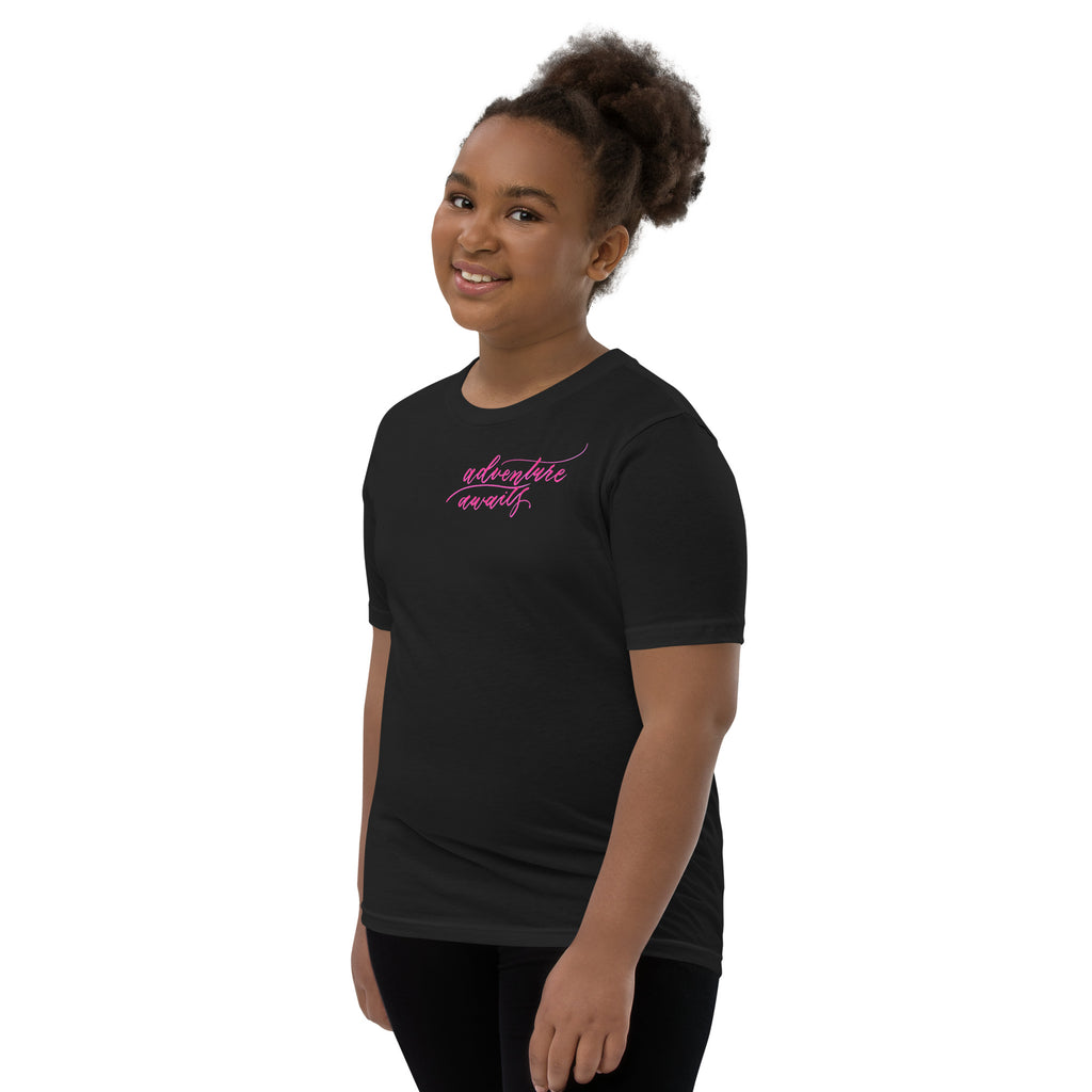 YOUTH SIZES - Script "Adventure Awaits" Pink Calligraphy Printed Kids Short Sleeve T-Shirt
