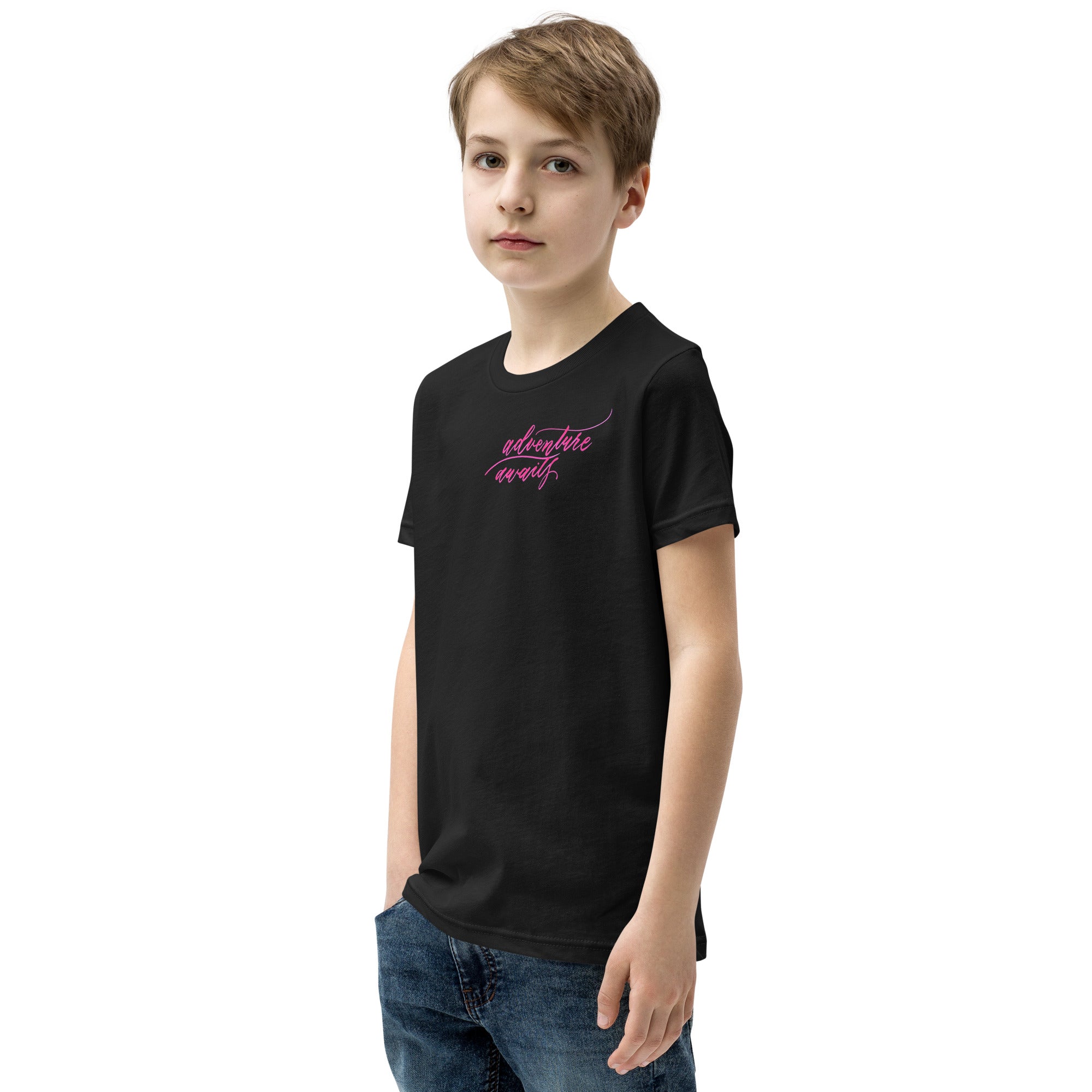 YOUTH SIZES - Script "Adventure Awaits" Pink Calligraphy Printed Kids Short Sleeve T-Shirt