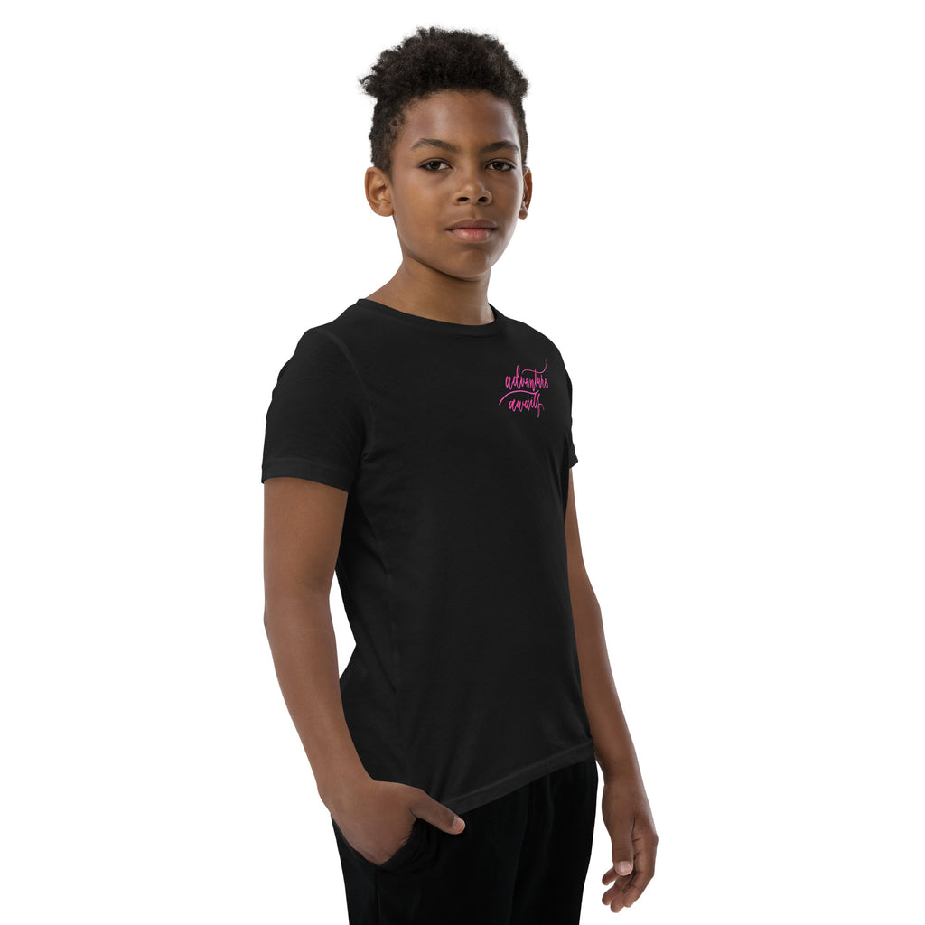 YOUTH SIZES - Script "Adventure Awaits" Pink Calligraphy Printed Kids Short Sleeve T-Shirt