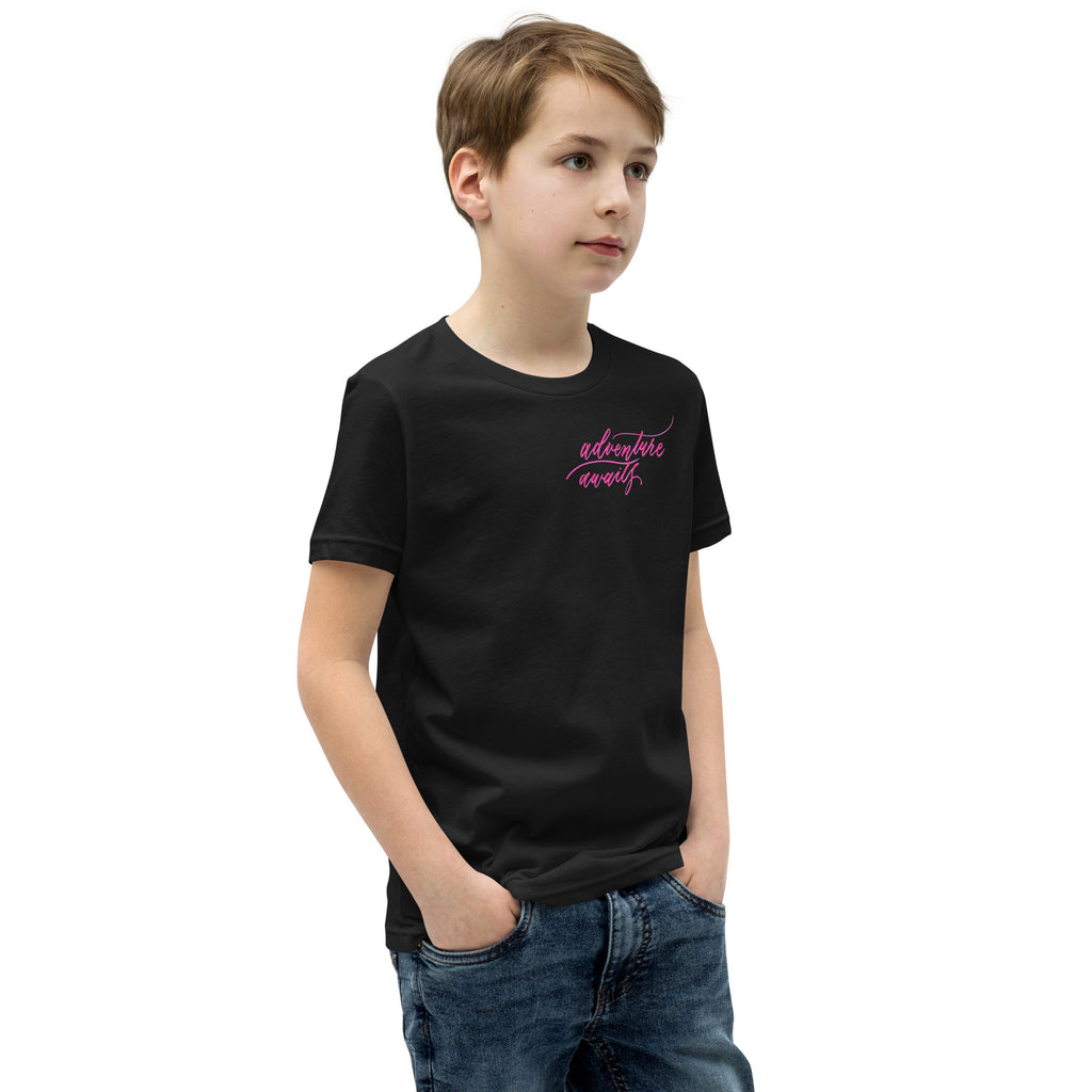 YOUTH SIZES - Script "Adventure Awaits" Pink Calligraphy Printed Kids Short Sleeve T-Shirt