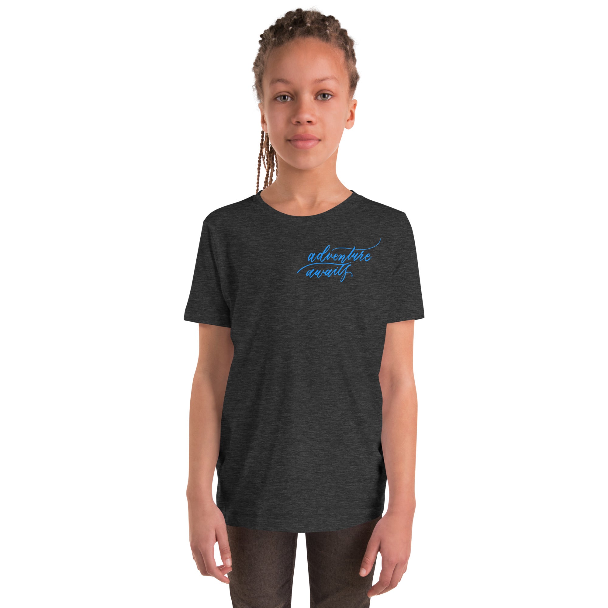 YOUTH SIZES - Script "Adventure Awaits" Bright Blue Calligraphy Printed Kids Short Sleeve T-Shirt
