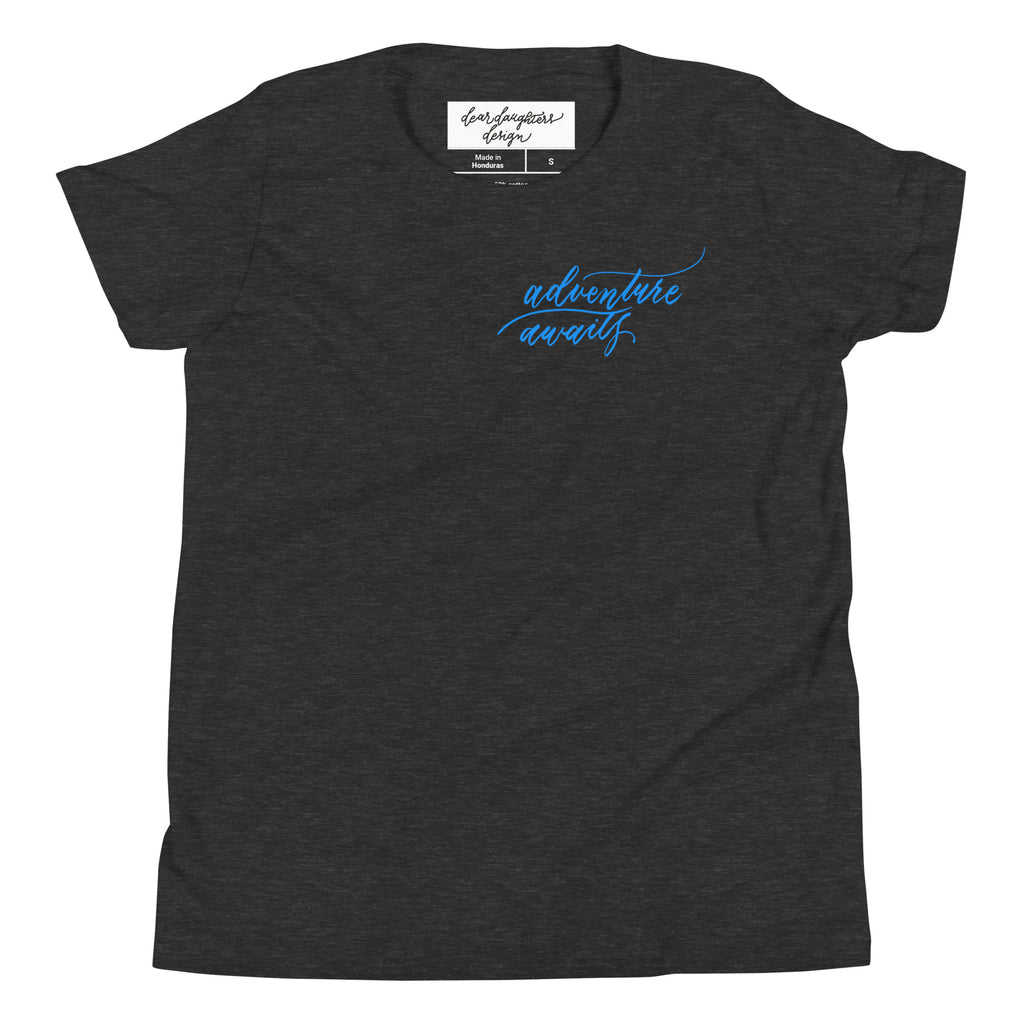 YOUTH SIZES - Script "Adventure Awaits" Bright Blue Calligraphy Printed Kids Short Sleeve T-Shirt