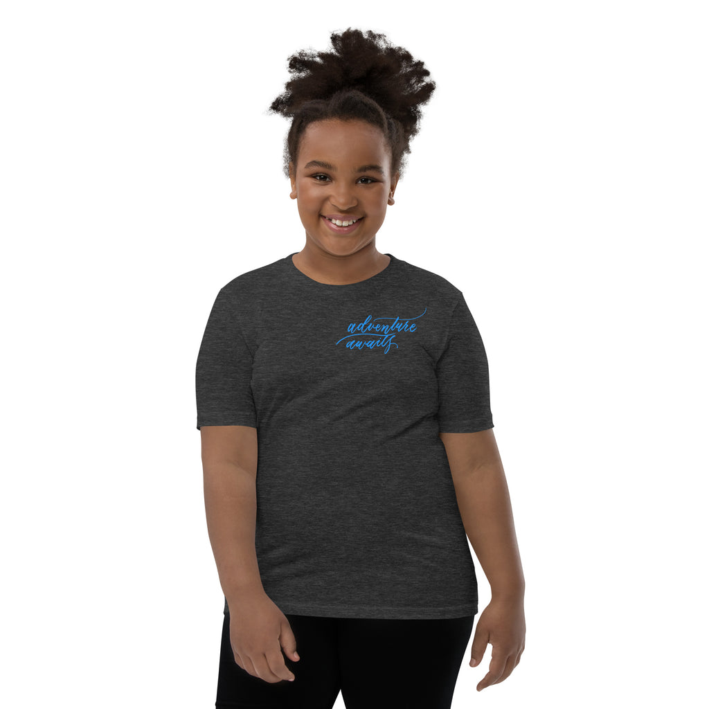 YOUTH SIZES - Script "Adventure Awaits" Bright Blue Calligraphy Printed Kids Short Sleeve T-Shirt