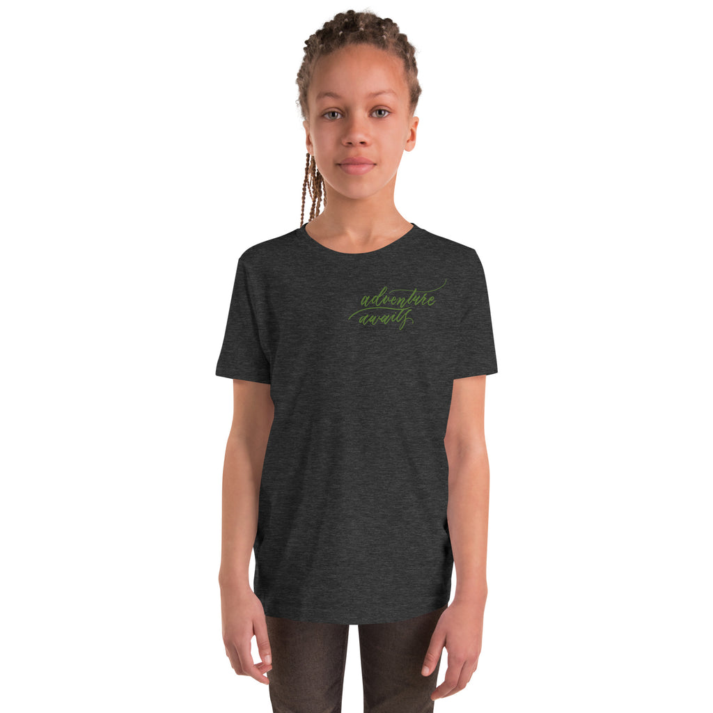 YOUTH SIZES - Script "Adventure Awaits" Green Calligraphy Printed Kids Short Sleeve T-Shirt