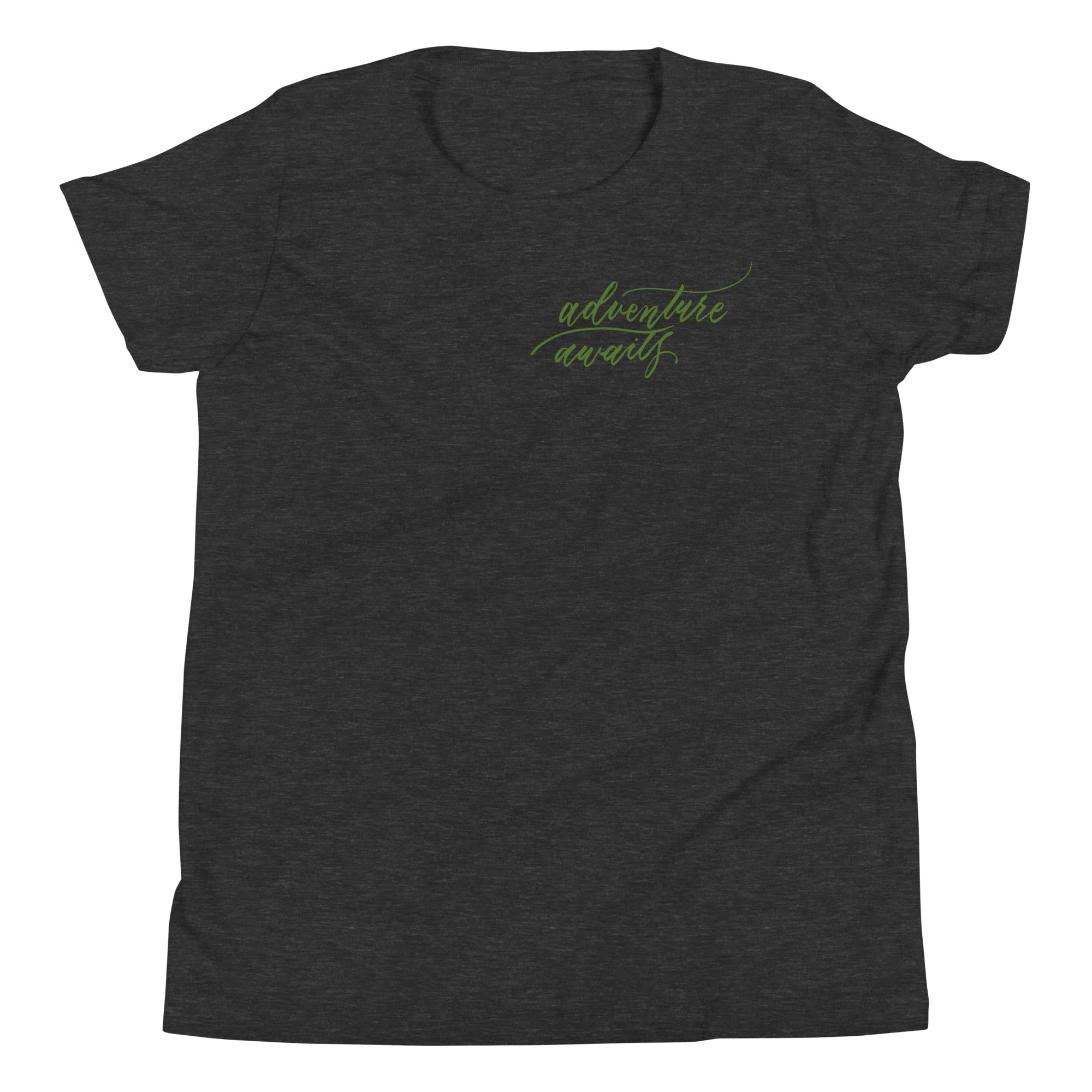 YOUTH SIZES - Script "Adventure Awaits" Green Calligraphy Printed Kids Short Sleeve T-Shirt