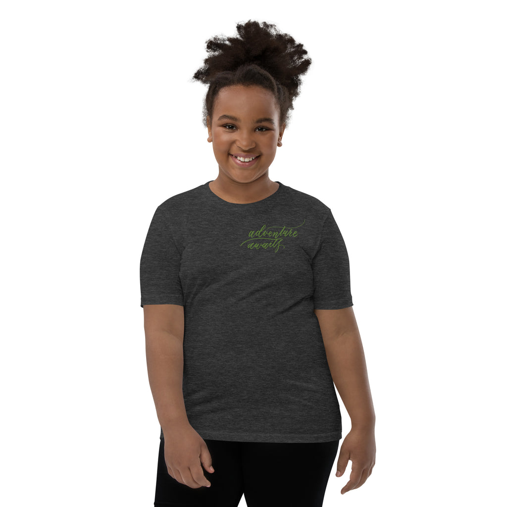 YOUTH SIZES - Script "Adventure Awaits" Green Calligraphy Printed Kids Short Sleeve T-Shirt