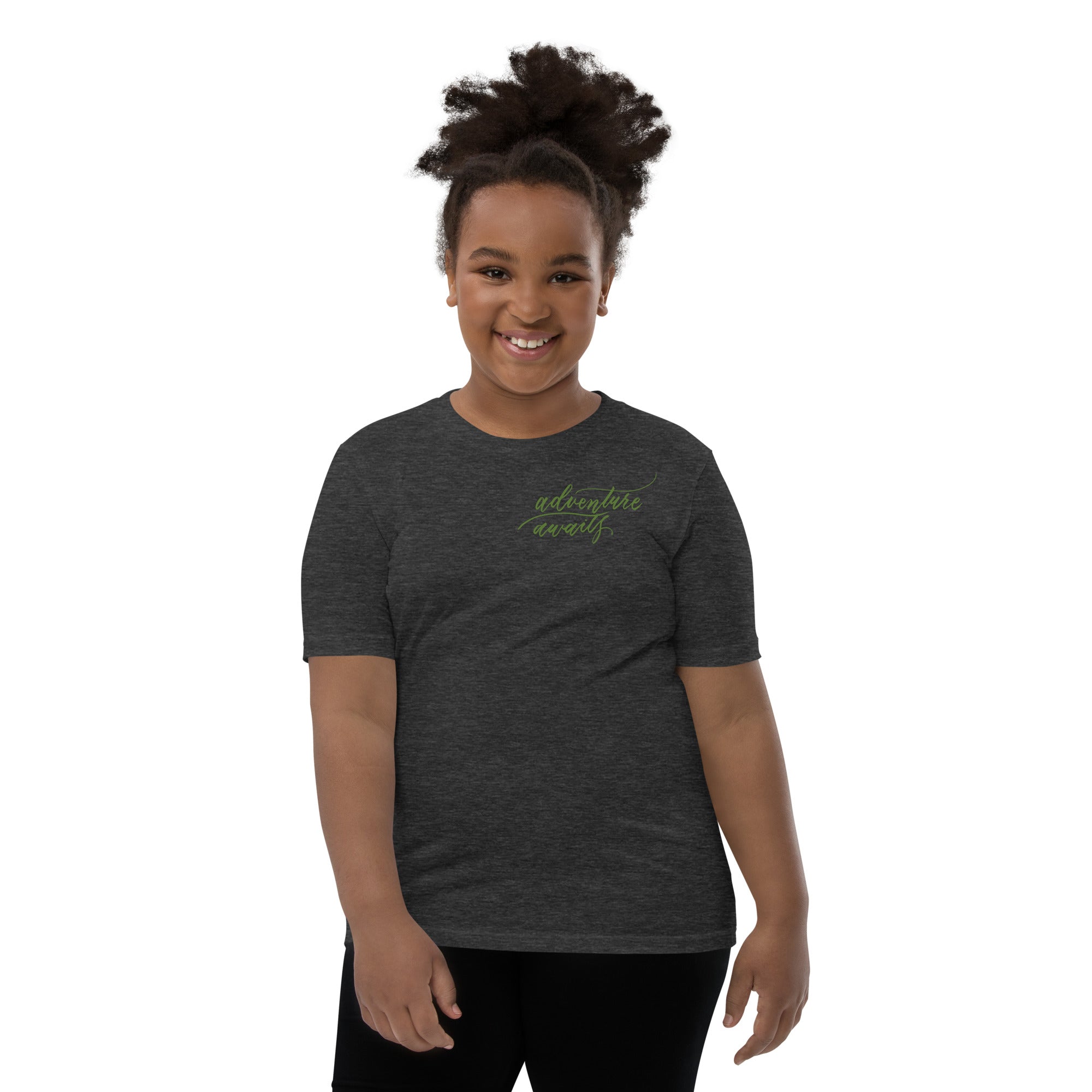 YOUTH SIZES - Script "Adventure Awaits" Green Calligraphy Printed Kids Short Sleeve T-Shirt