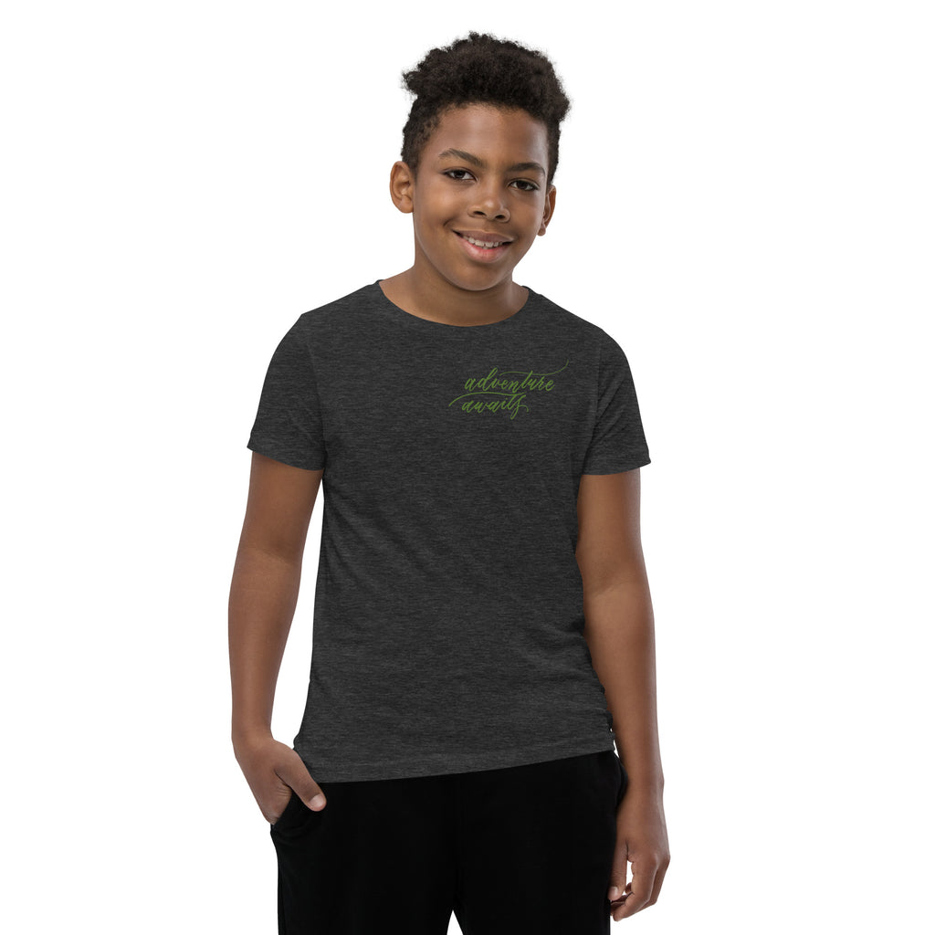 YOUTH SIZES - Script "Adventure Awaits" Green Calligraphy Printed Kids Short Sleeve T-Shirt