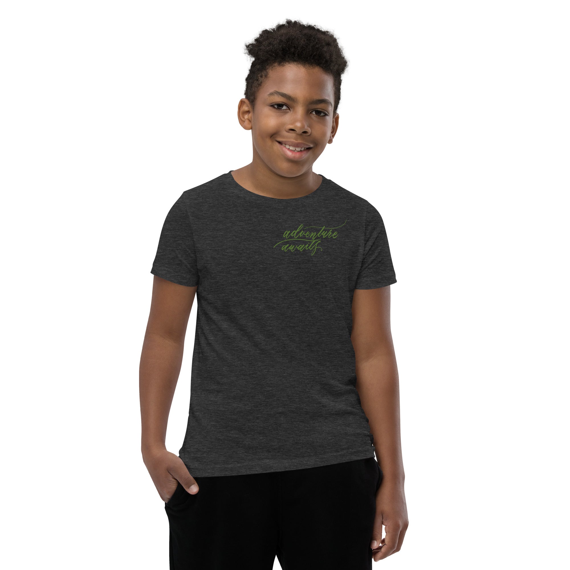 YOUTH SIZES - Script "Adventure Awaits" Green Calligraphy Printed Kids Short Sleeve T-Shirt