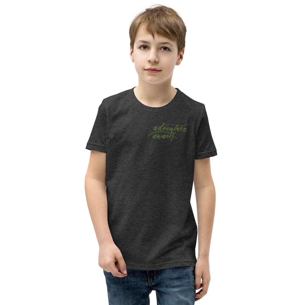 YOUTH SIZES - Script "Adventure Awaits" Green Calligraphy Printed Kids Short Sleeve T-Shirt