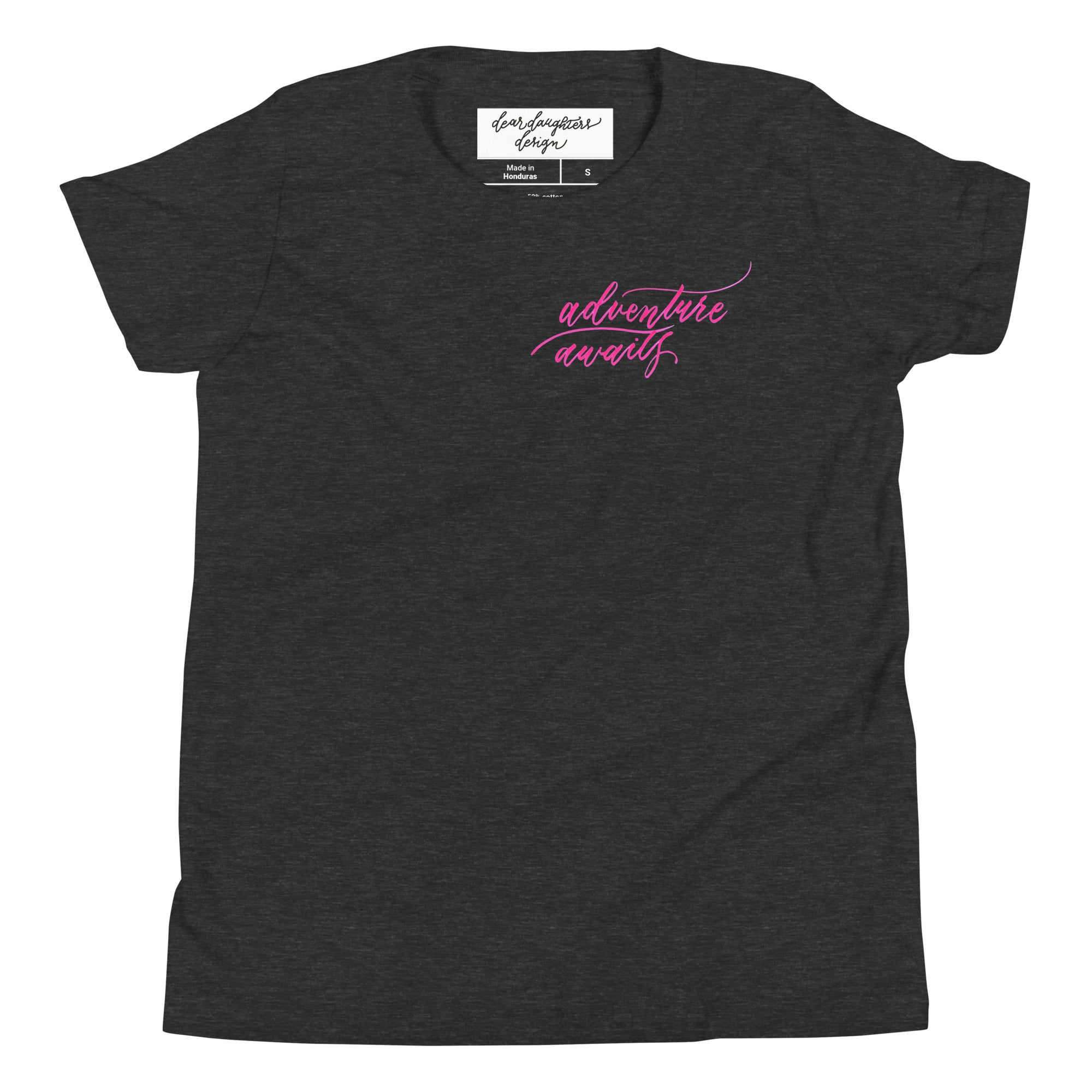YOUTH SIZES - Script "Adventure Awaits" Pink Calligraphy Printed Kids Short Sleeve T-Shirt