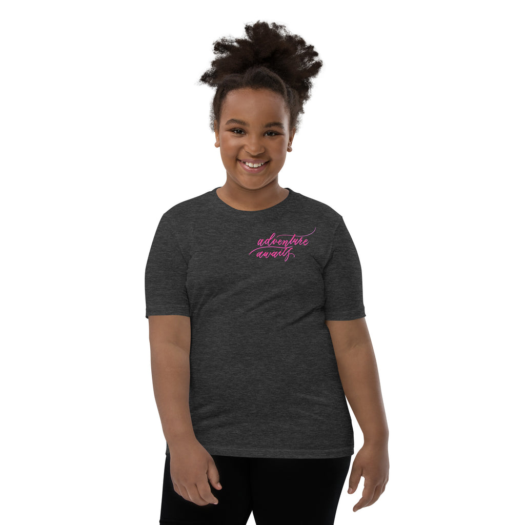 YOUTH SIZES - Script "Adventure Awaits" Pink Calligraphy Printed Kids Short Sleeve T-Shirt