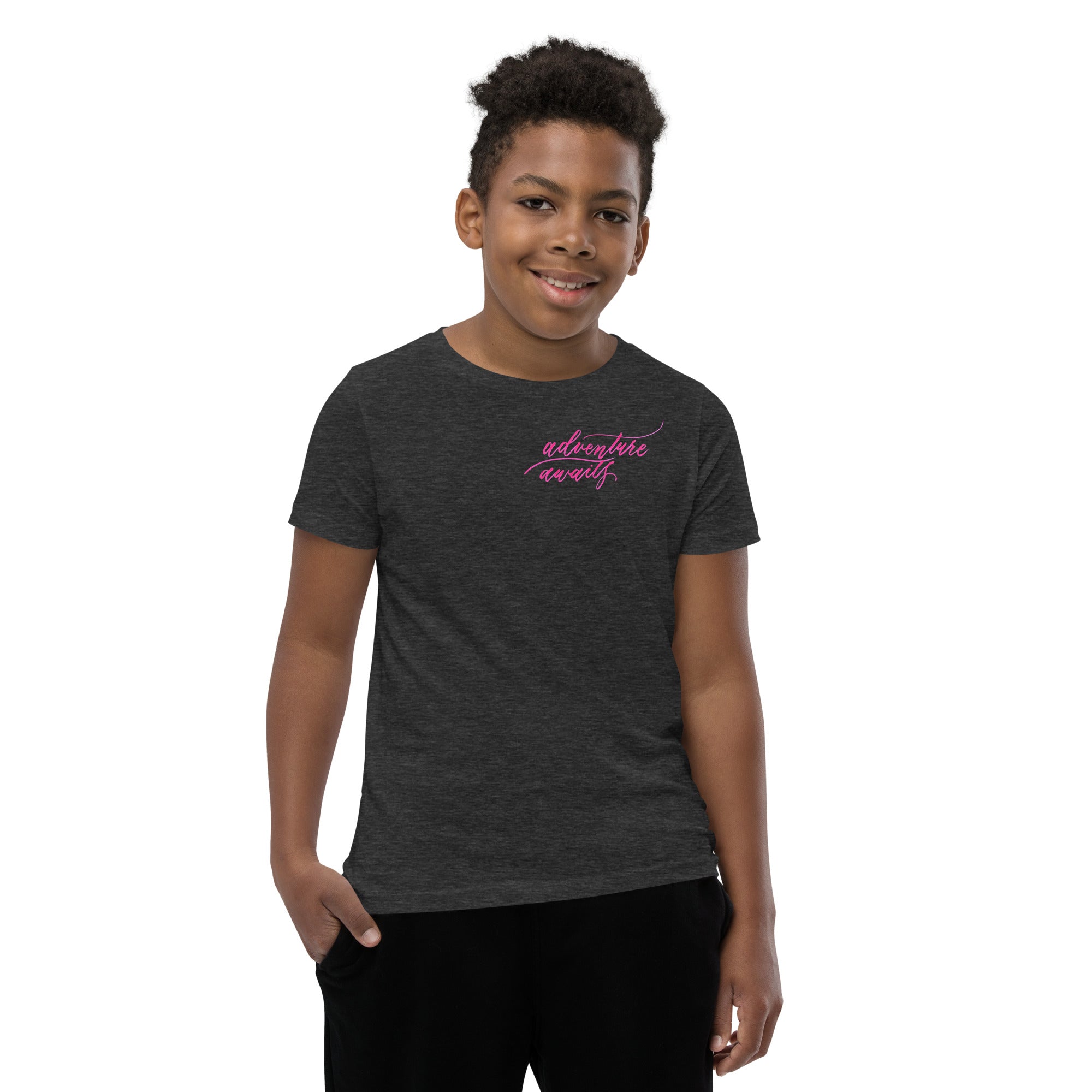 YOUTH SIZES - Script "Adventure Awaits" Pink Calligraphy Printed Kids Short Sleeve T-Shirt
