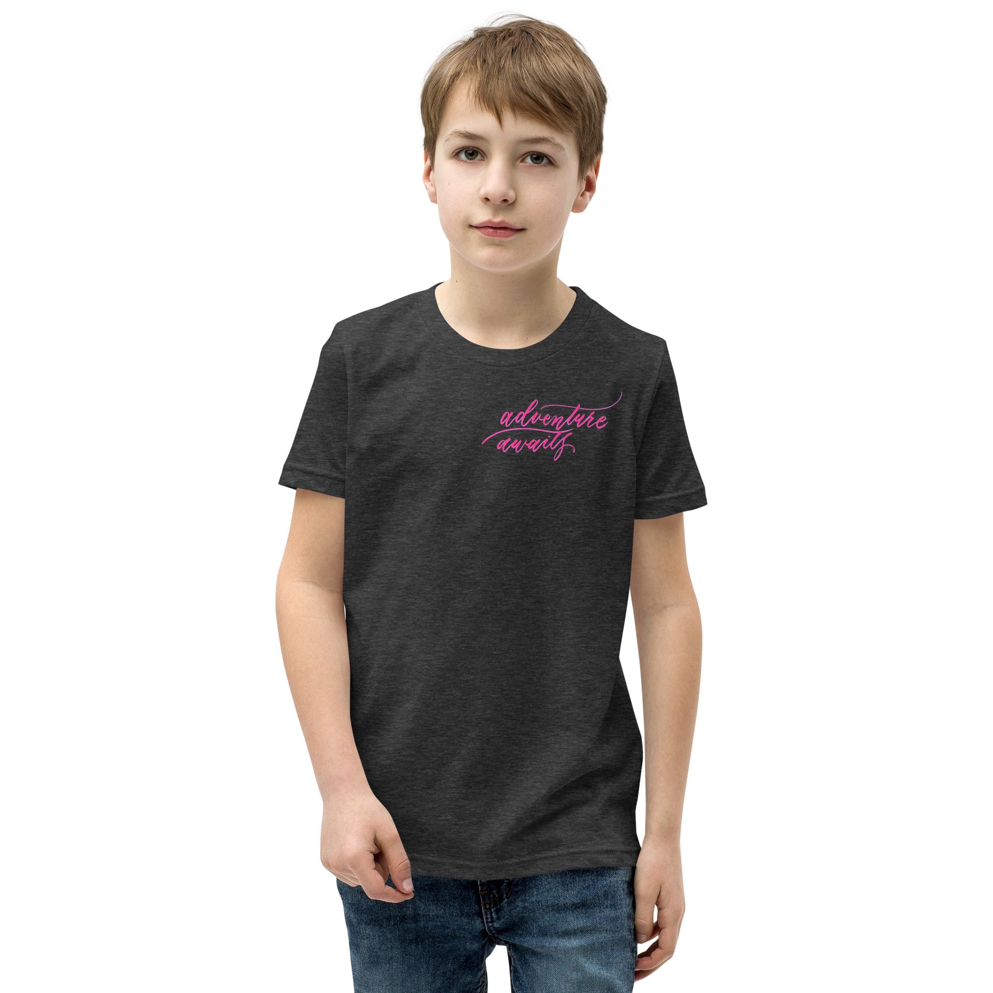 YOUTH SIZES - Script "Adventure Awaits" Pink Calligraphy Printed Kids Short Sleeve T-Shirt