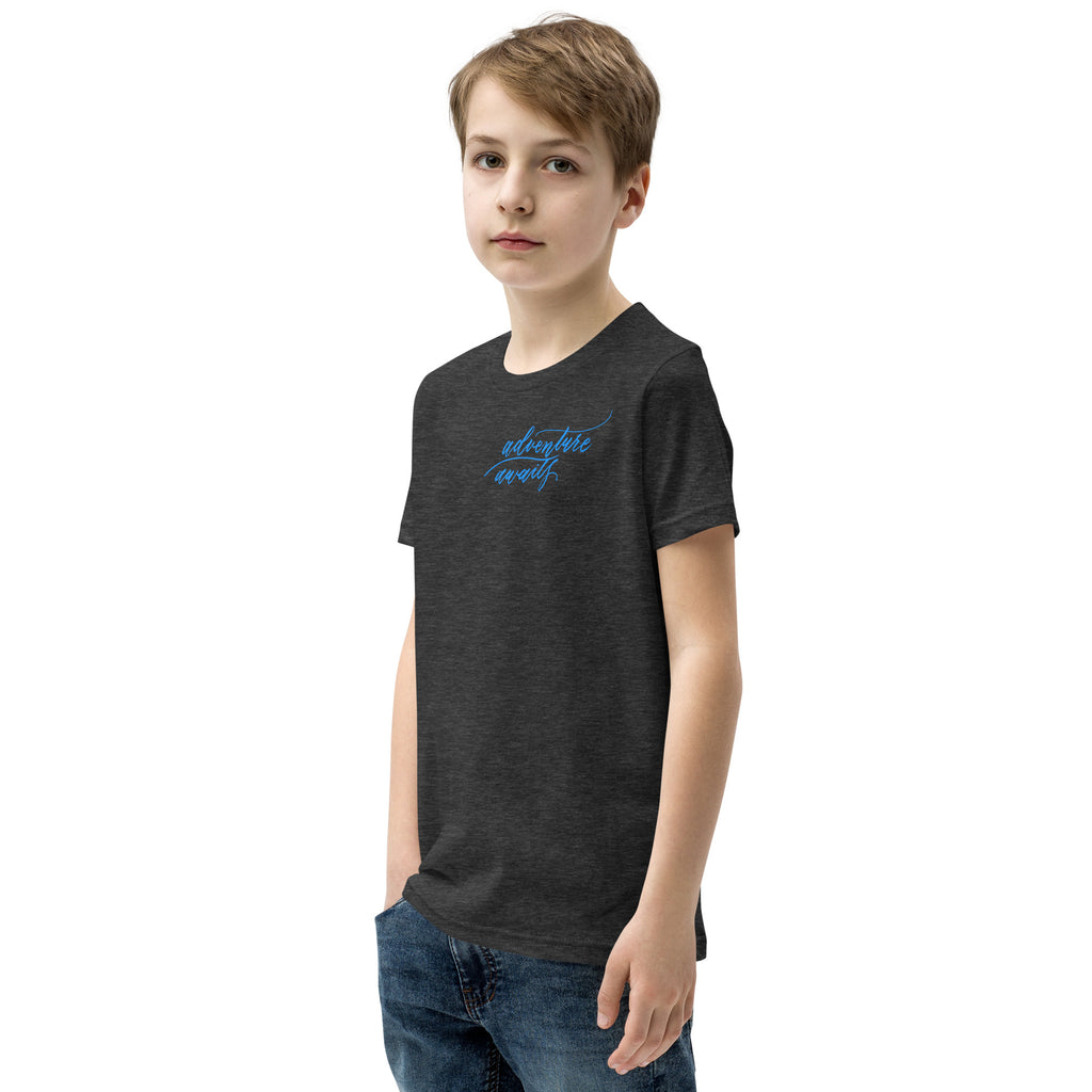 YOUTH SIZES - Script "Adventure Awaits" Bright Blue Calligraphy Printed Kids Short Sleeve T-Shirt