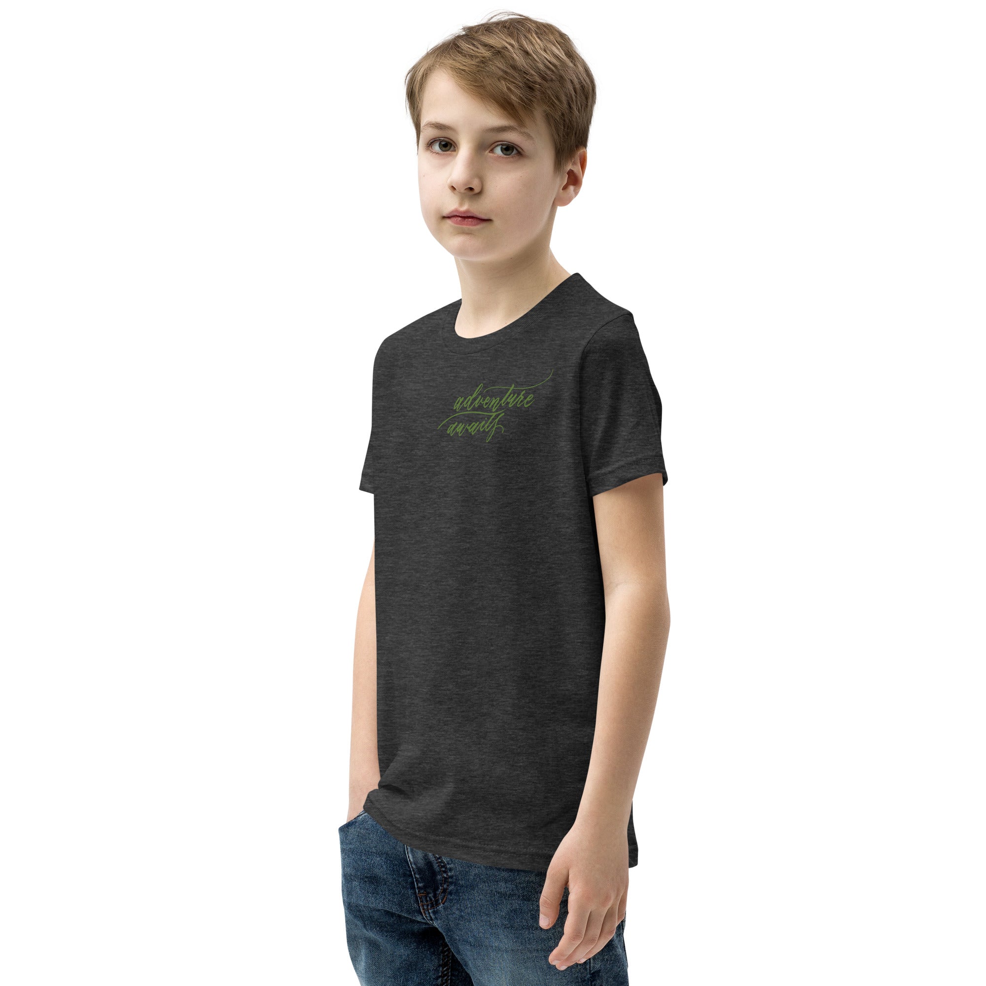 YOUTH SIZES - Script "Adventure Awaits" Green Calligraphy Printed Kids Short Sleeve T-Shirt