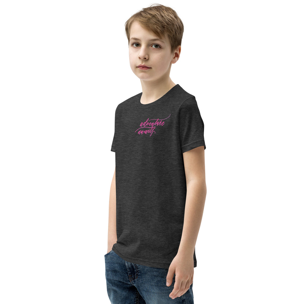 YOUTH SIZES - Script "Adventure Awaits" Pink Calligraphy Printed Kids Short Sleeve T-Shirt