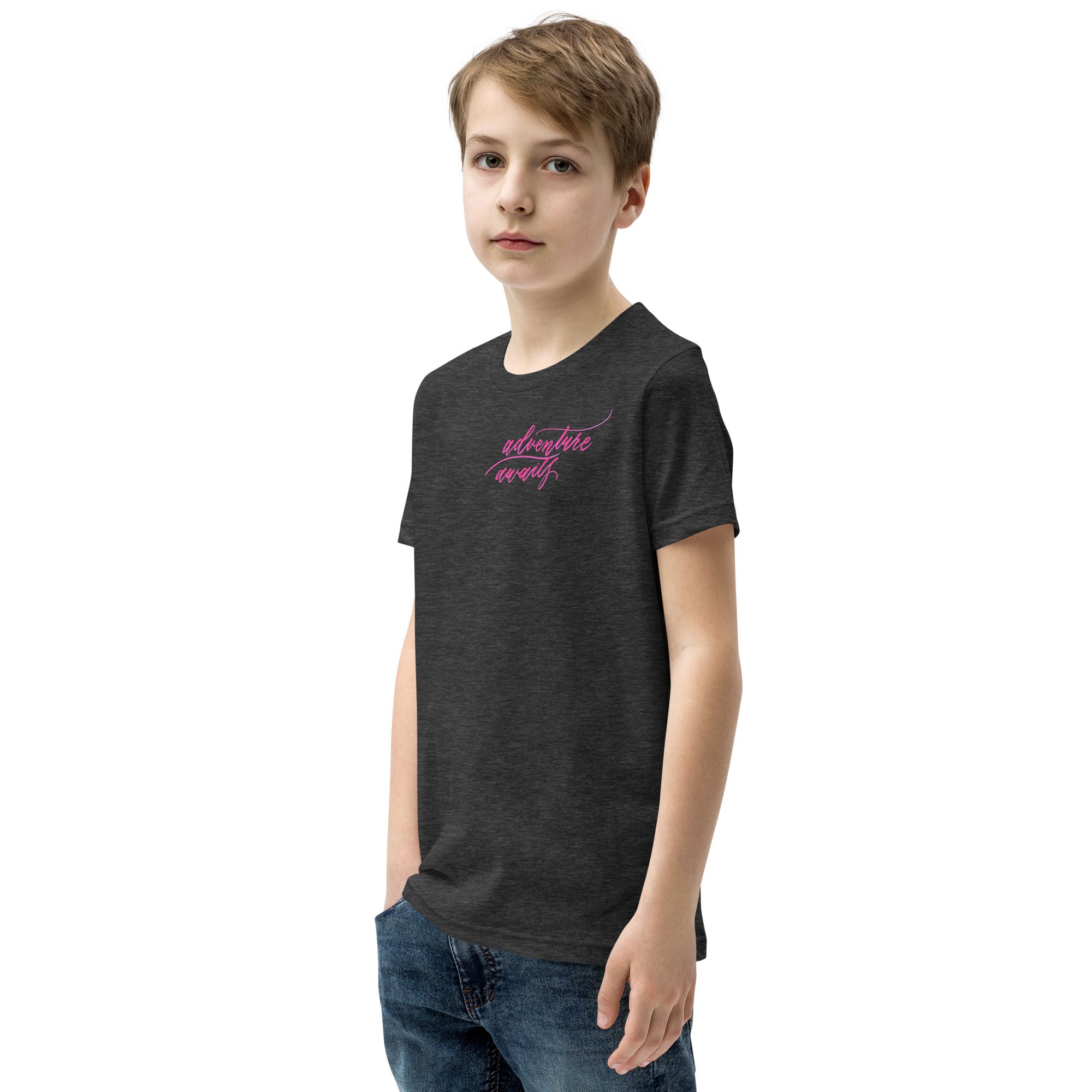 YOUTH SIZES - Script "Adventure Awaits" Pink Calligraphy Printed Kids Short Sleeve T-Shirt