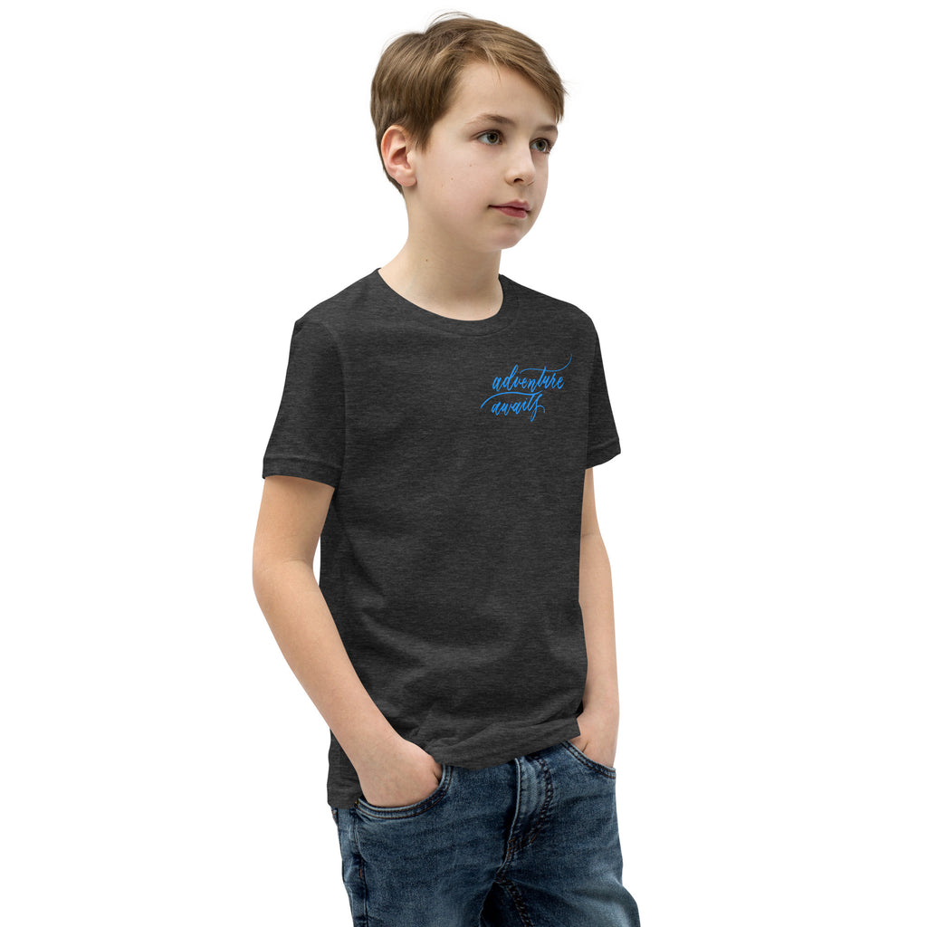 YOUTH SIZES - Script "Adventure Awaits" Bright Blue Calligraphy Printed Kids Short Sleeve T-Shirt