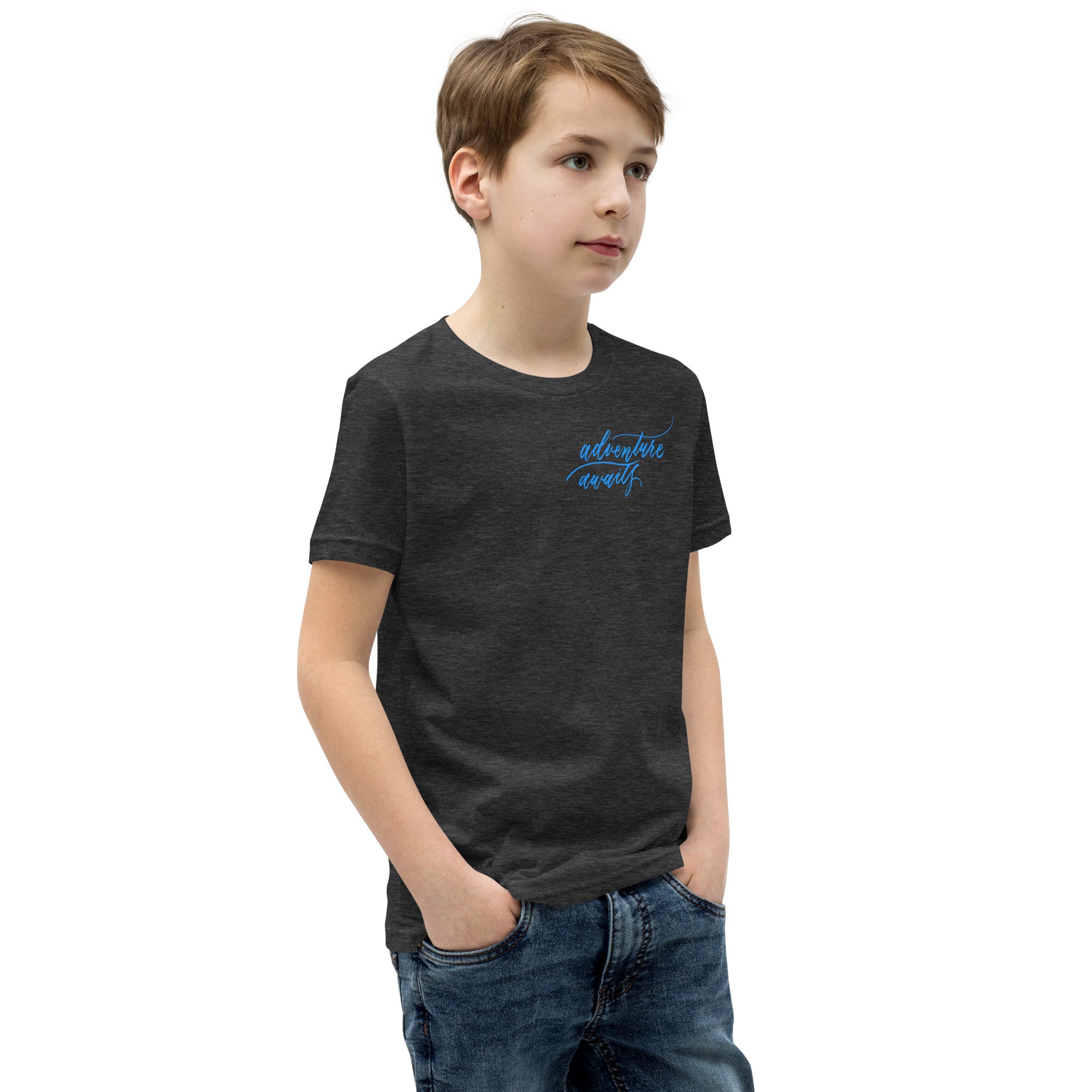 YOUTH SIZES - Script "Adventure Awaits" Bright Blue Calligraphy Printed Kids Short Sleeve T-Shirt