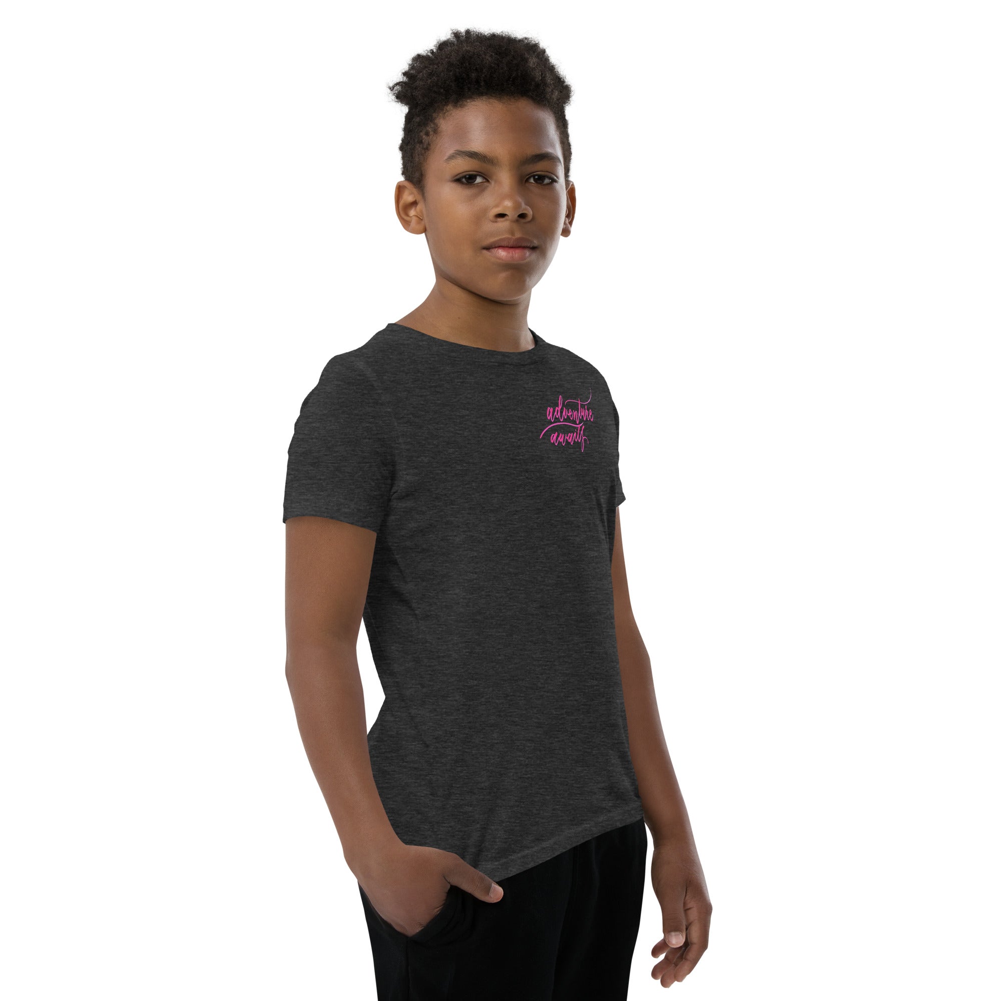 YOUTH SIZES - Script "Adventure Awaits" Pink Calligraphy Printed Kids Short Sleeve T-Shirt