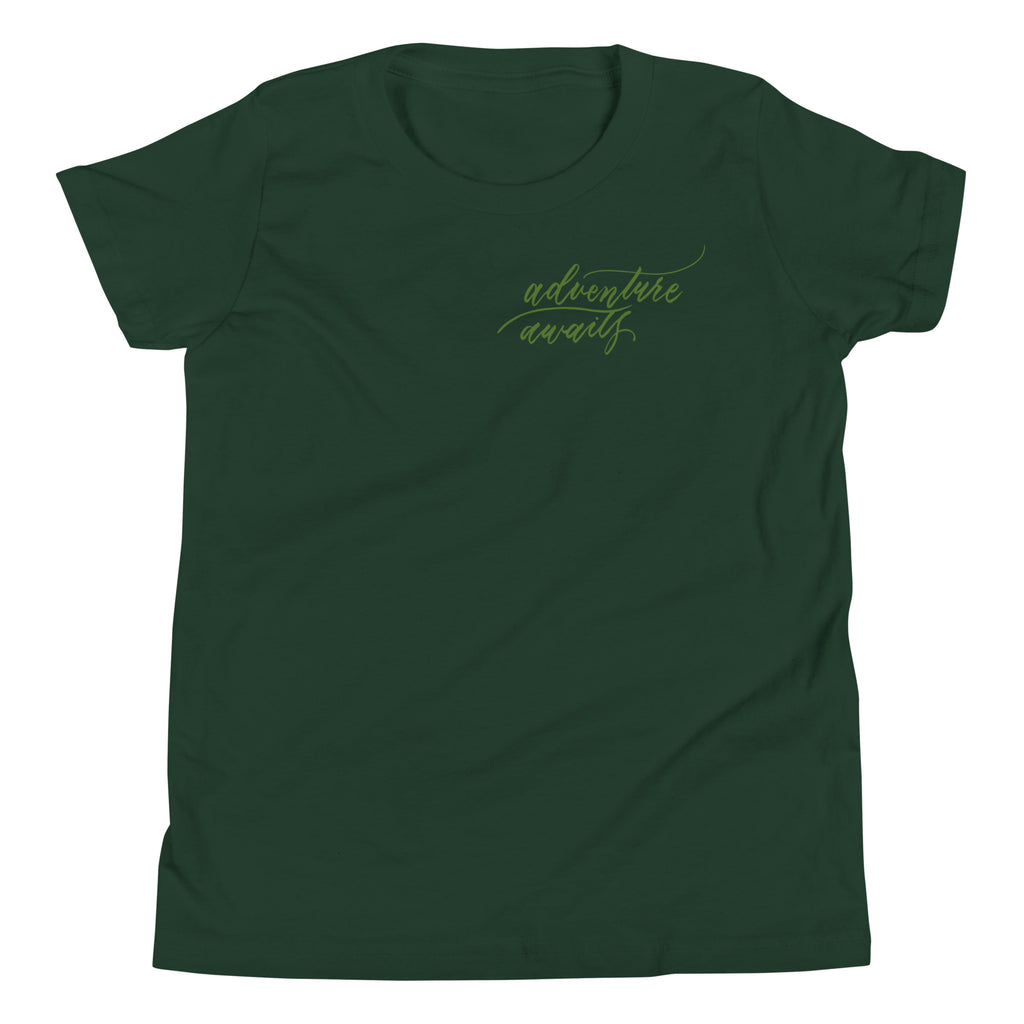 YOUTH SIZES - Script "Adventure Awaits" Green Calligraphy Printed Kids Short Sleeve T-Shirt